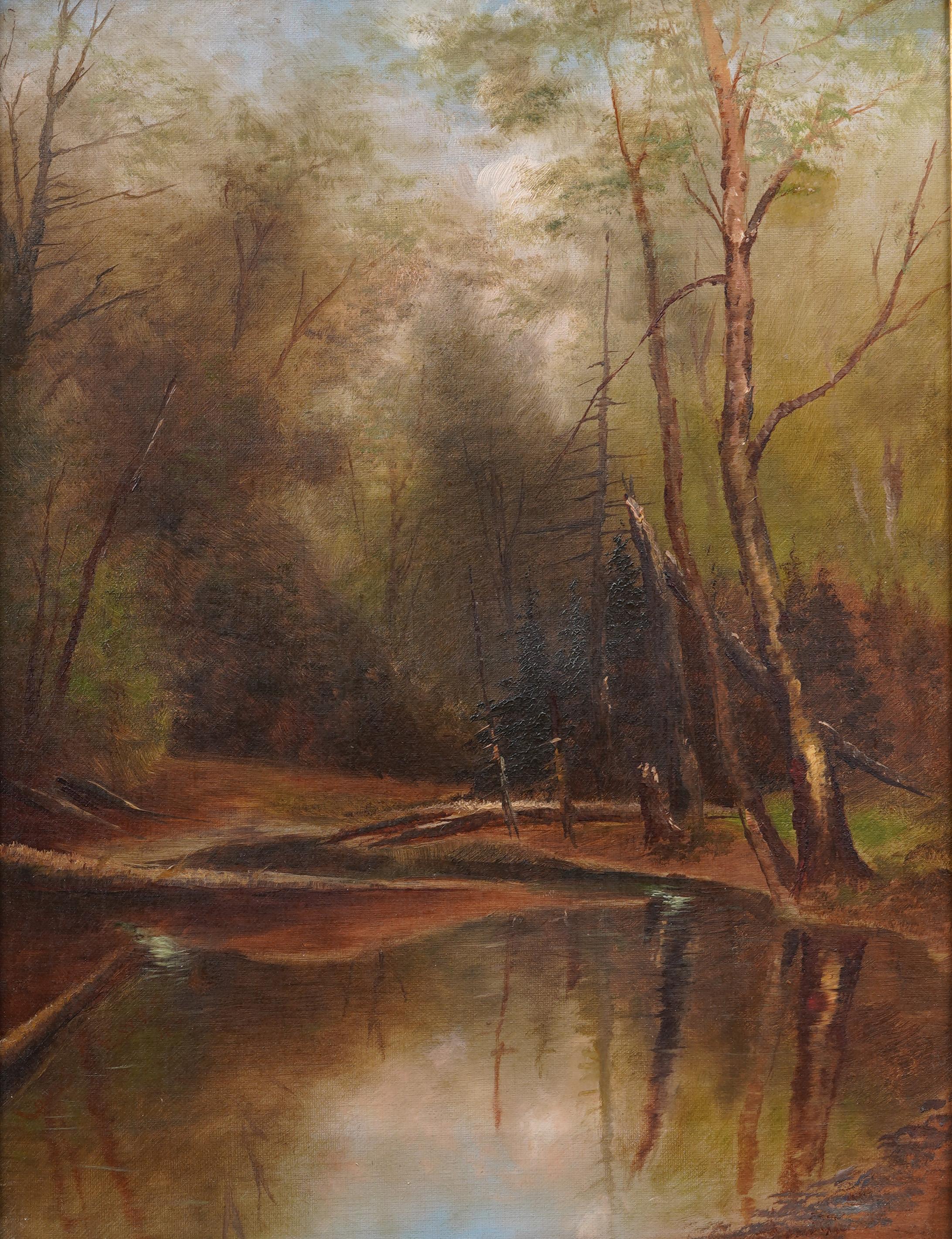 Antiguo paisaje interior de estanque forestal americano del siglo XIX Pintura al óleo enmarcada - Painting Escuela del río Hudson de Unknown