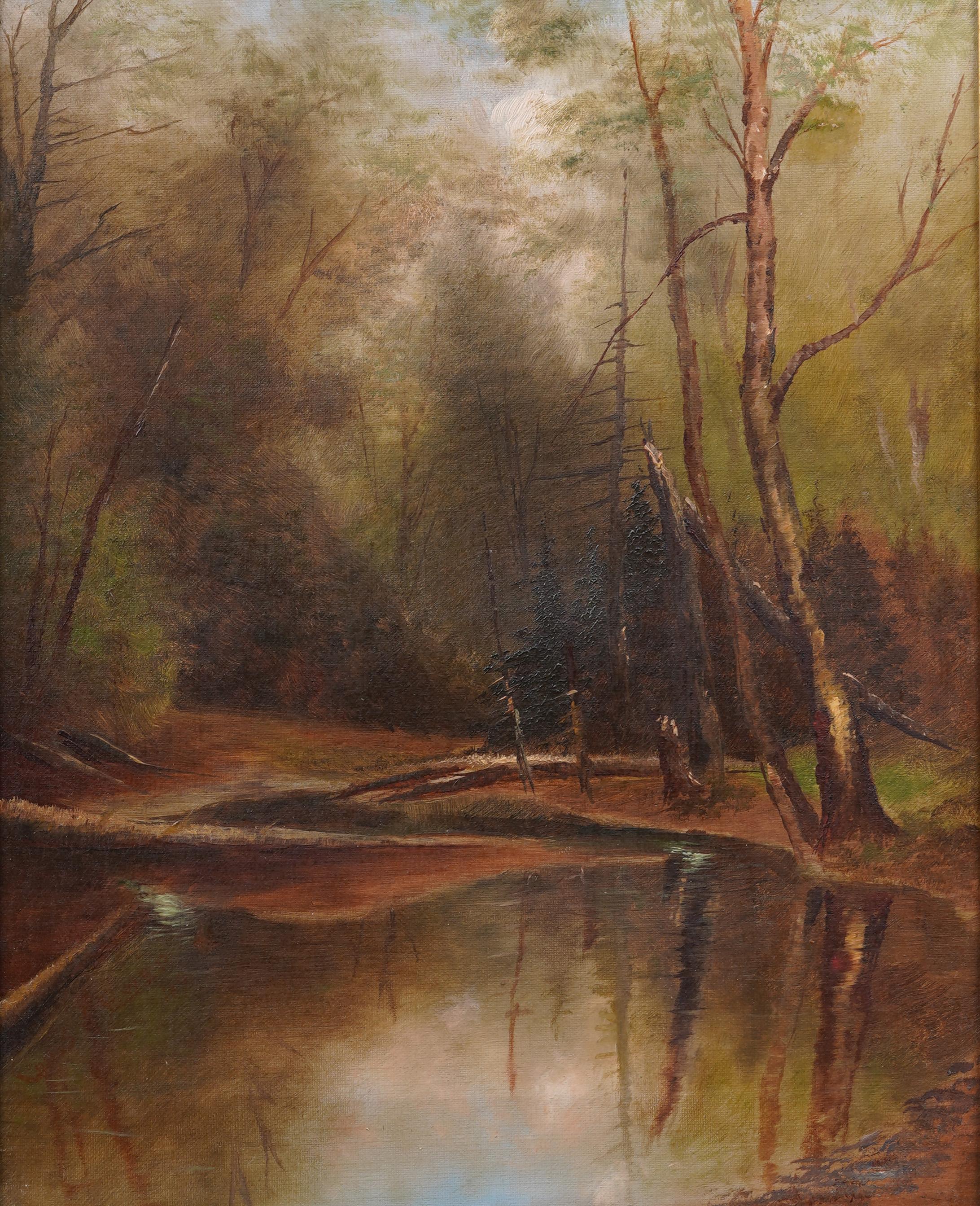 Antiguo paisaje interior de estanque forestal americano del siglo XIX Pintura al óleo enmarcada - Landscape Painting Marrón de Unknown