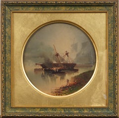 Peinture à l'huile encadrée représentant un voilier dans un paysage marin, de style nautique américain du XIXe siècle