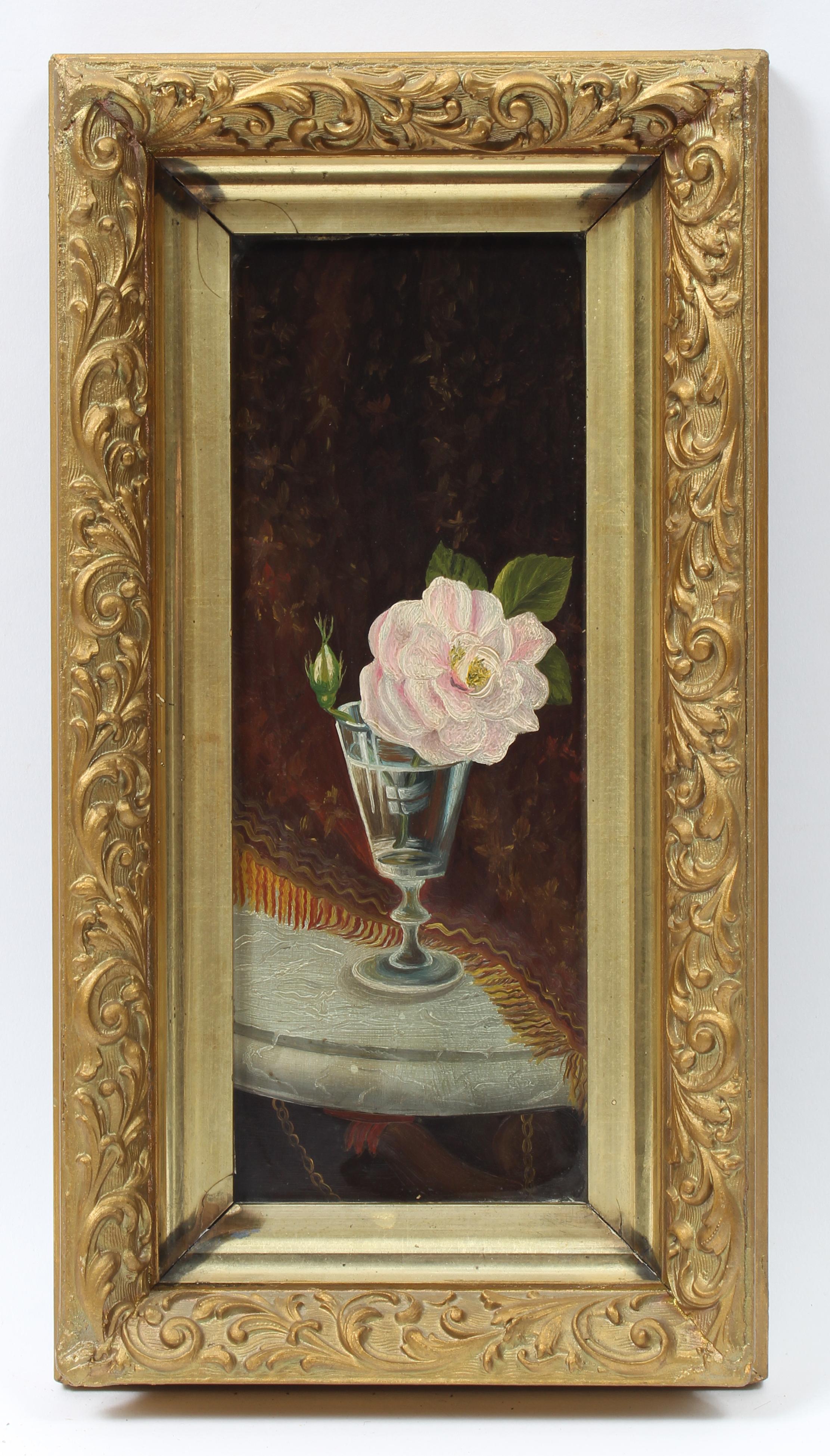 Unknown Still-Life Painting - Antique American 19th Century Still Life Floral Pink Frame Oil Painting 19th C