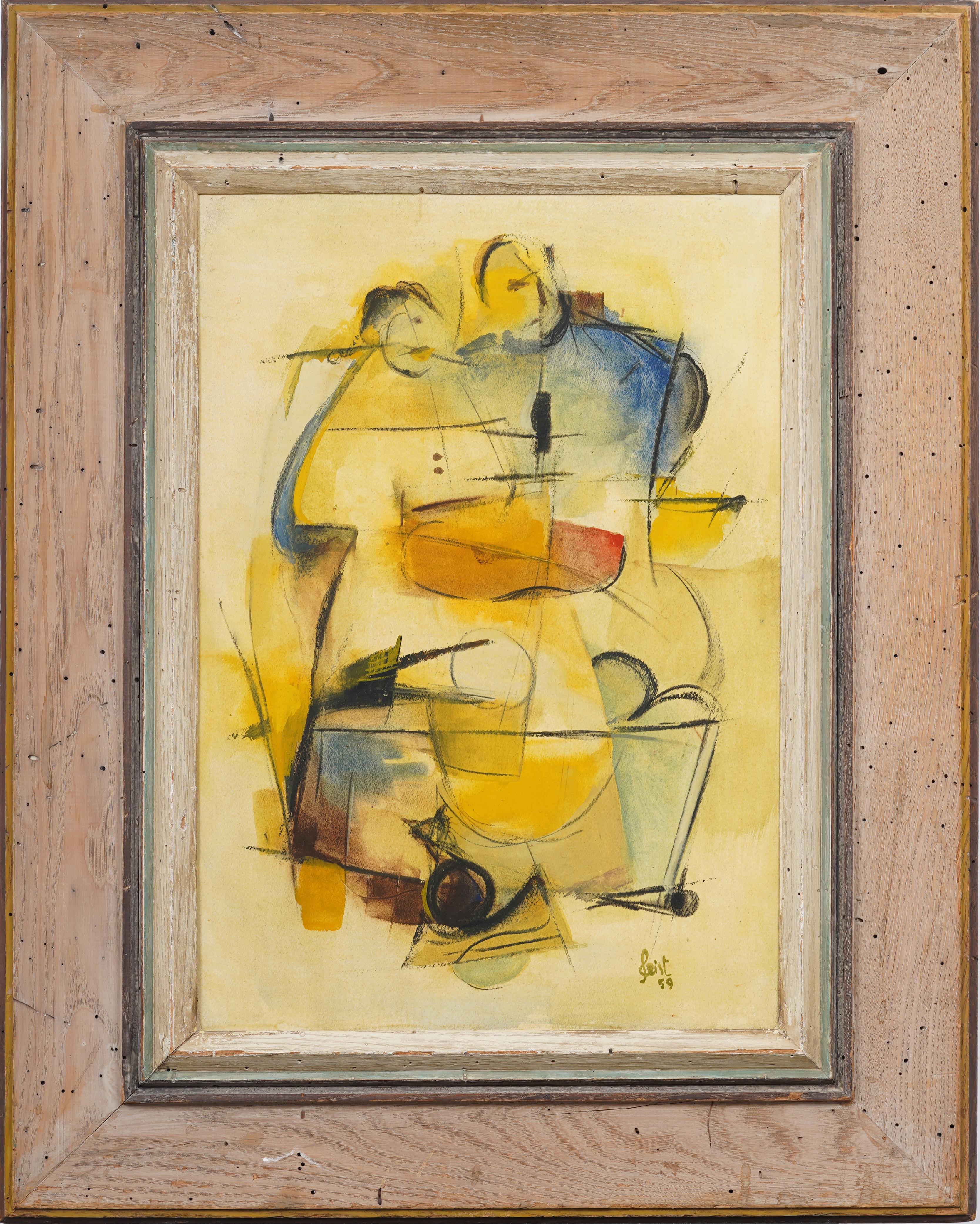 Antique American Abstract Cubist Mid Century Framed Cat Portrait Signed Geist - Painting by Unknown