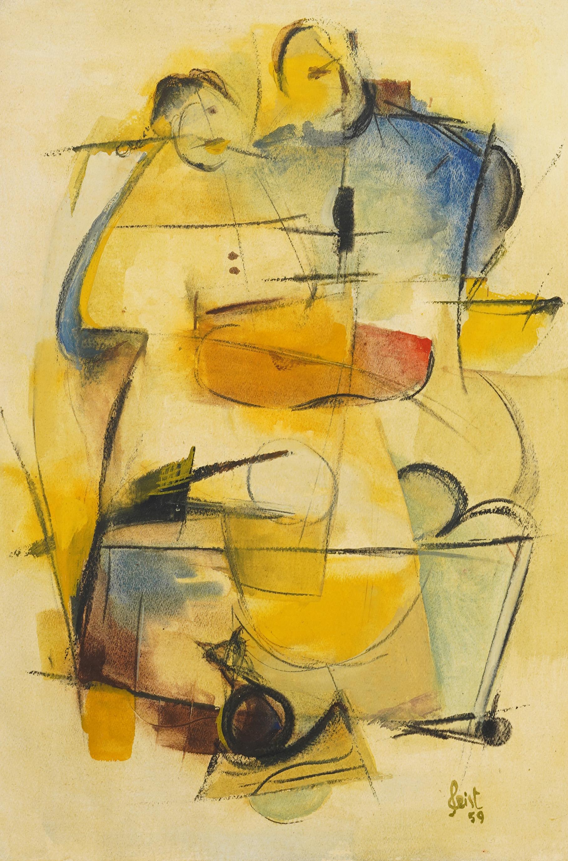 Modernist abstract composition signed Geist.  Oil on board, circa 1950.  Signed lower right.  Displayed in a wood frame.  Excellent ready to hang condition.  
