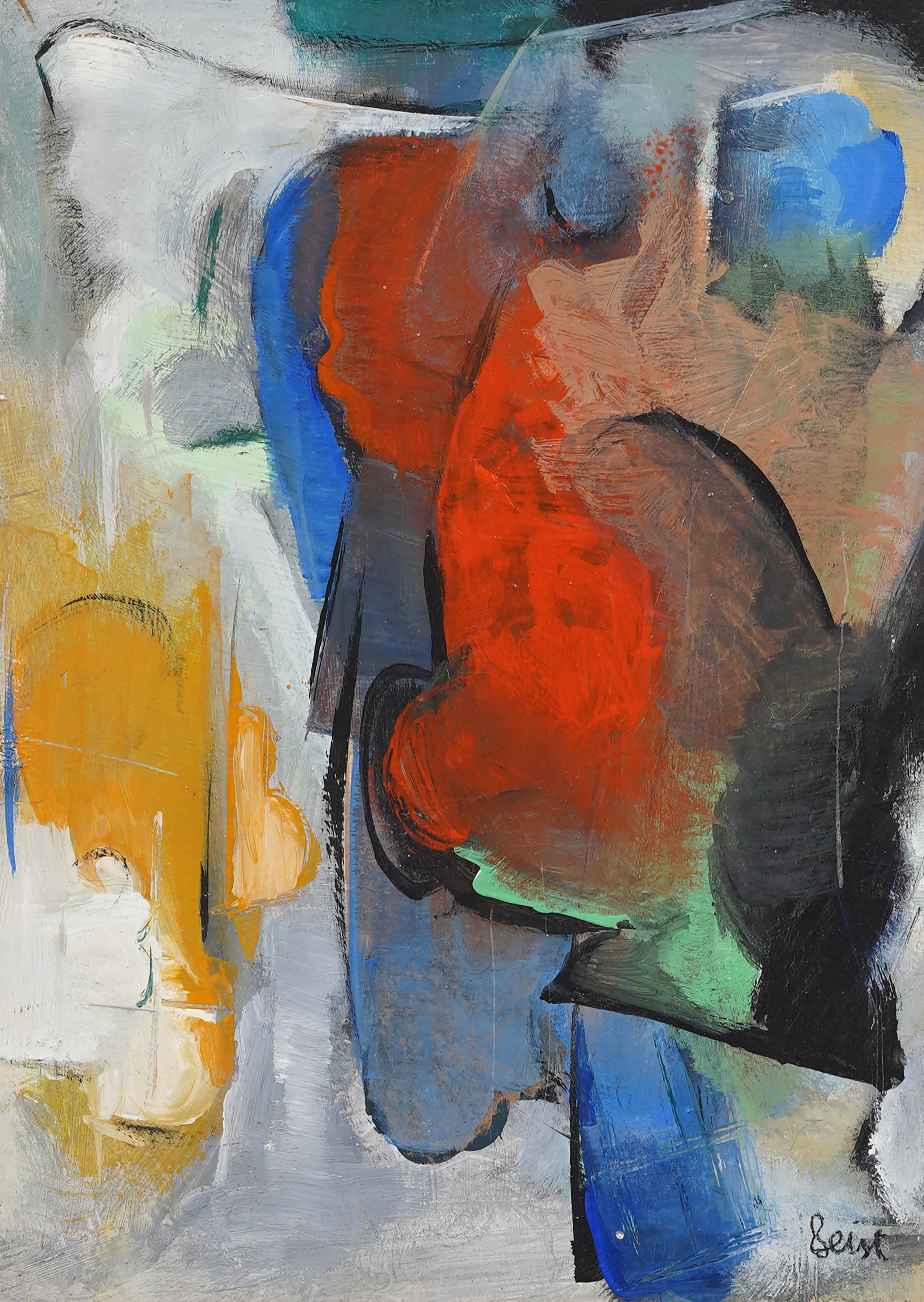 Modernist abstract composition signed Geist.  Oil on board, circa 1950.  Signed lower right.  Displayed in a wood frame.  Image size, 7