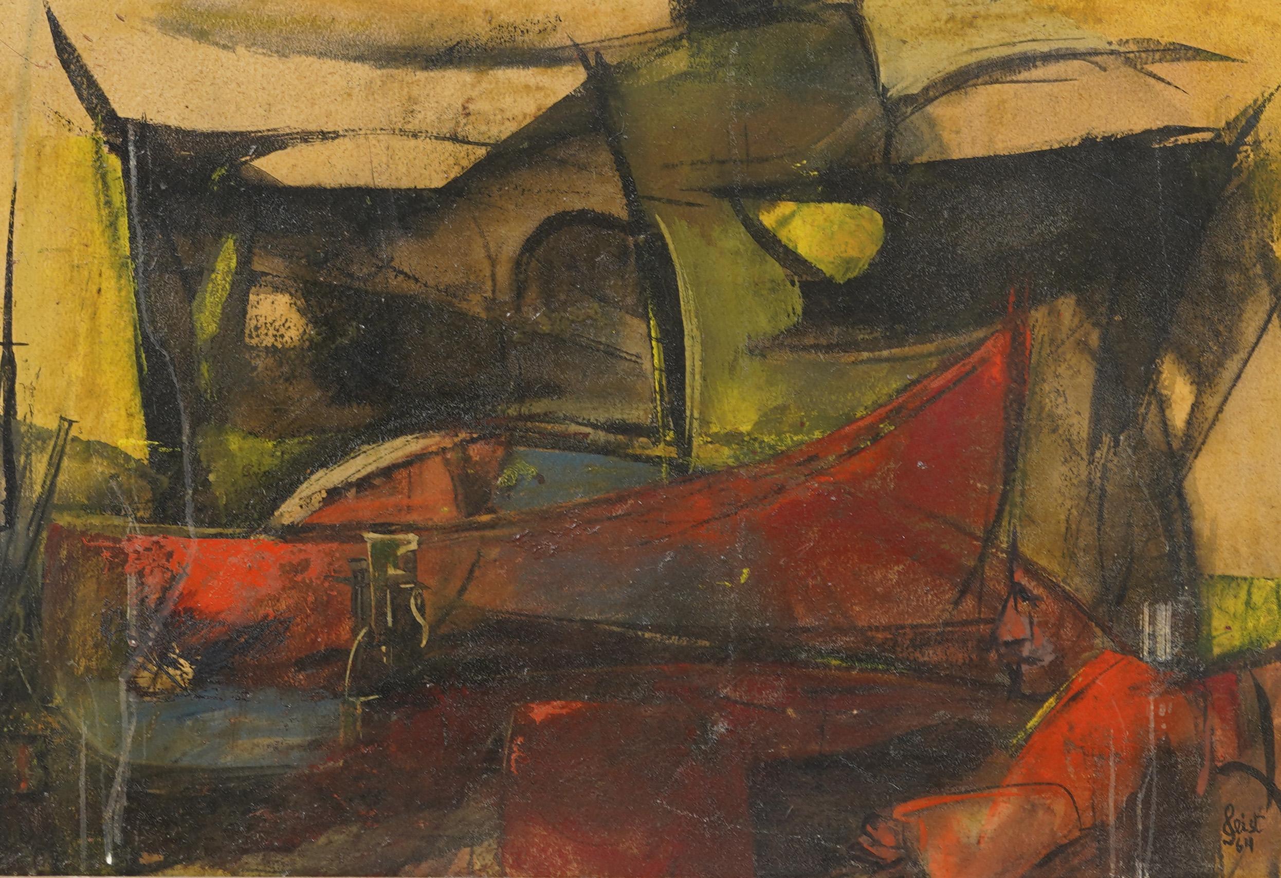 Antica composizione astratta americana cubista di metà secolo con cornice firmata Geist - Abstract Painting Marrone di Unknown