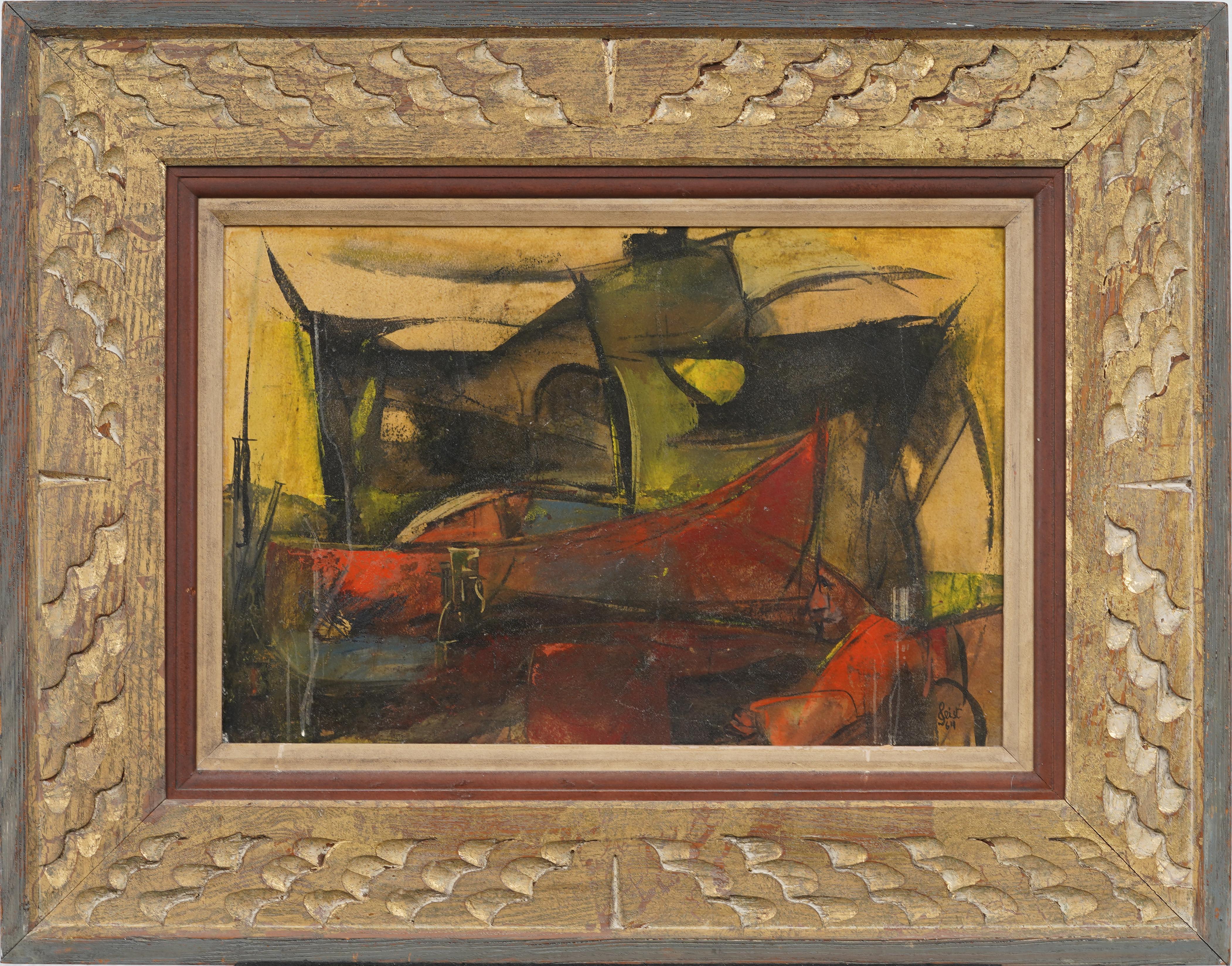 Abstract Painting di Unknown - Antica composizione astratta americana cubista di metà secolo con cornice firmata Geist