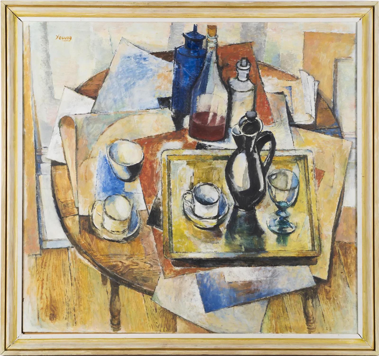 Finely painted vintage American modernist still life.  Cubist composition with great color.  Oil on board.  Framed.  Signed.  