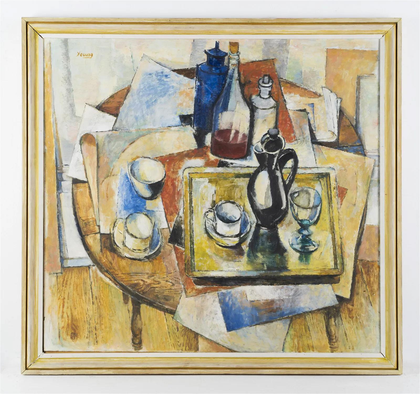 Antique American Abstract Cubist Still Life Large Framed Signed Oil Painting For Sale 1