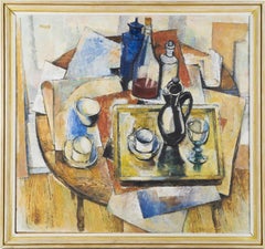 Antique American Abstract Cubist Still Life Large Framed Signed Oil Painting
