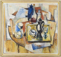 Nature morte cubiste abstraite américaine ancienne Grande peinture à l'huile encadrée et signée