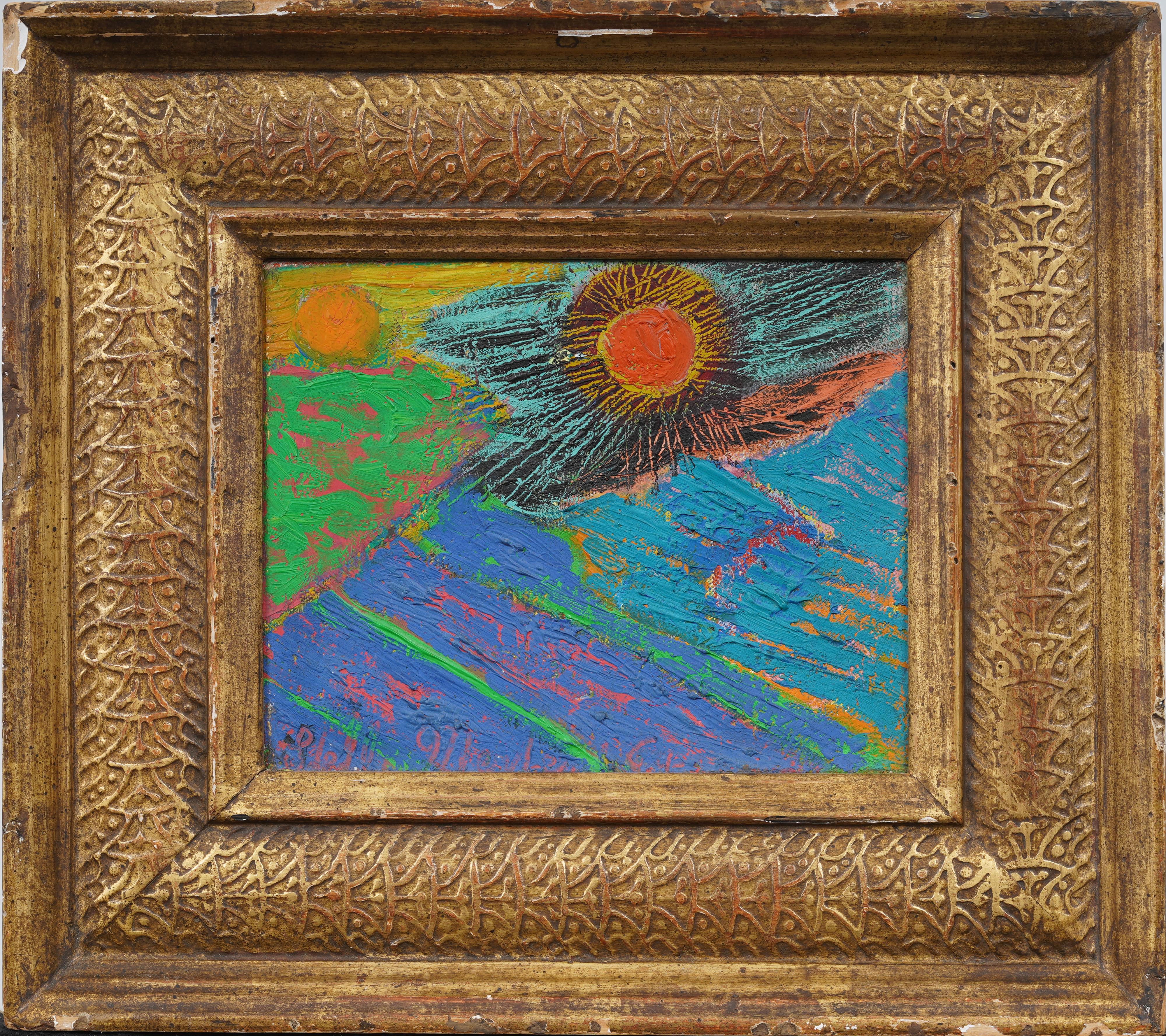 Antico dipinto ad olio americano espressionista astratto con cornice in legno dorato - Painting di Unknown