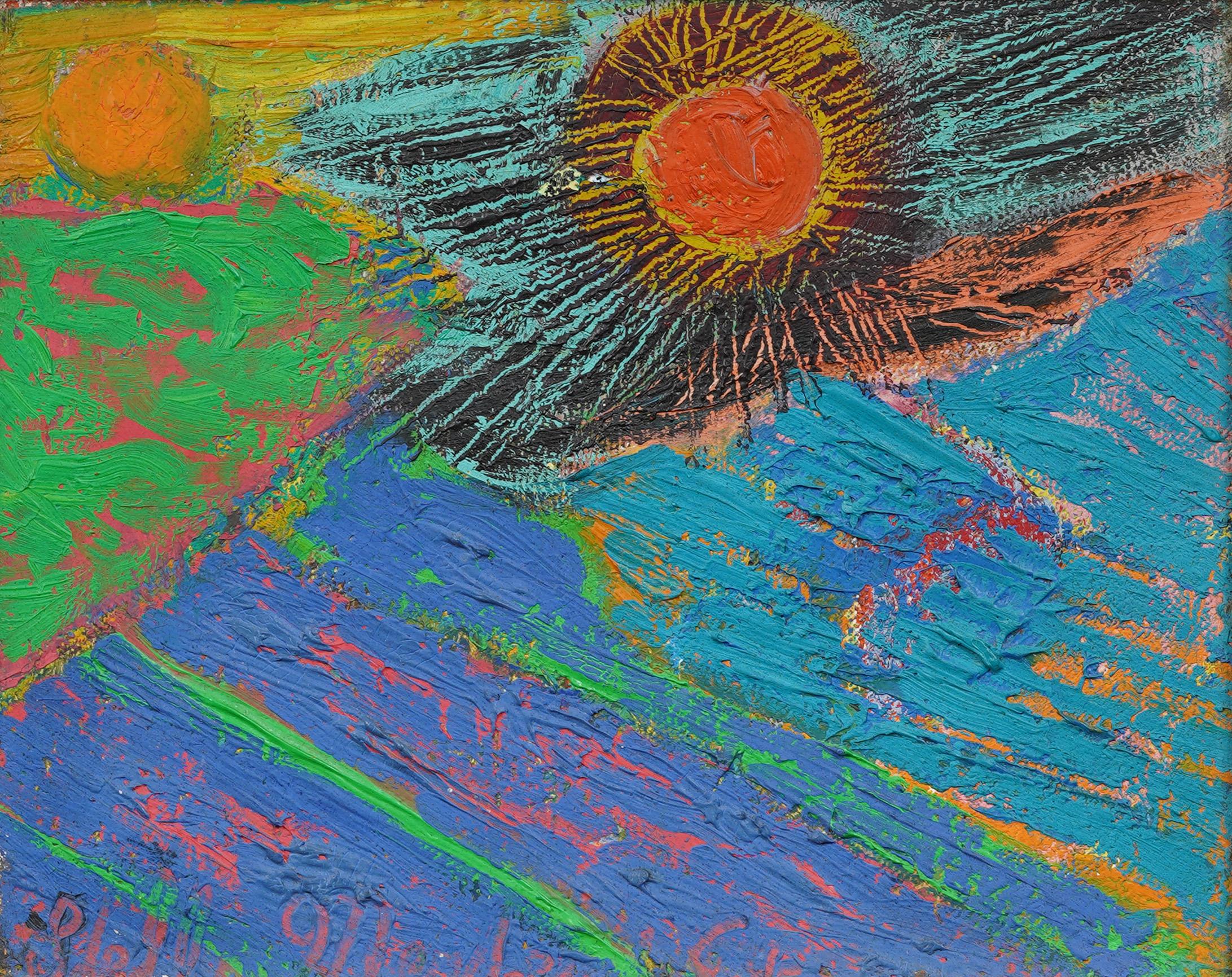 Antico dipinto ad olio americano espressionista astratto con cornice in legno dorato - Painting Astratto di Unknown
