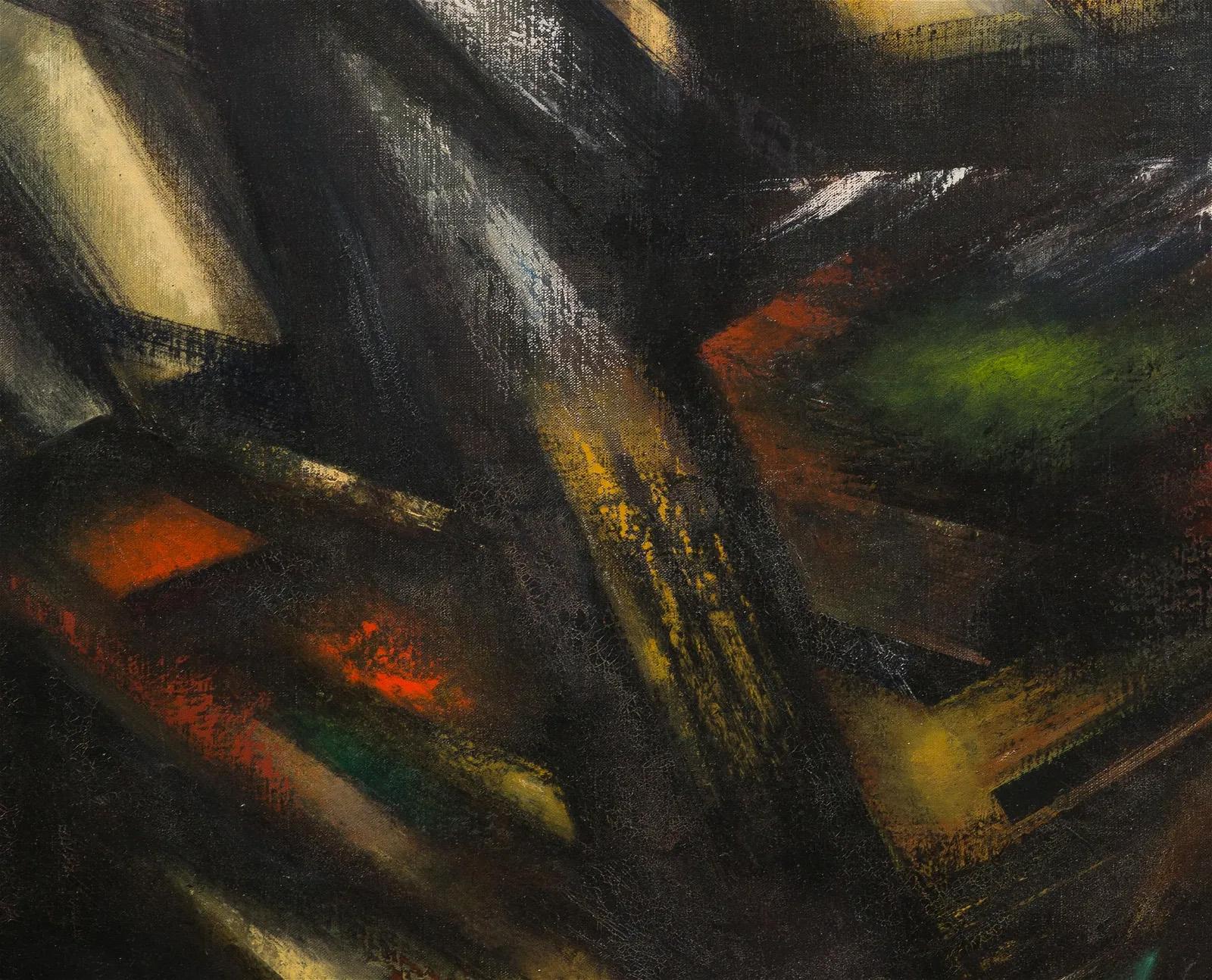 Antico dipinto ad olio americano espressionista astratto di grandi dimensioni incorniciato e firmato - Abstract Painting Nero di Unknown