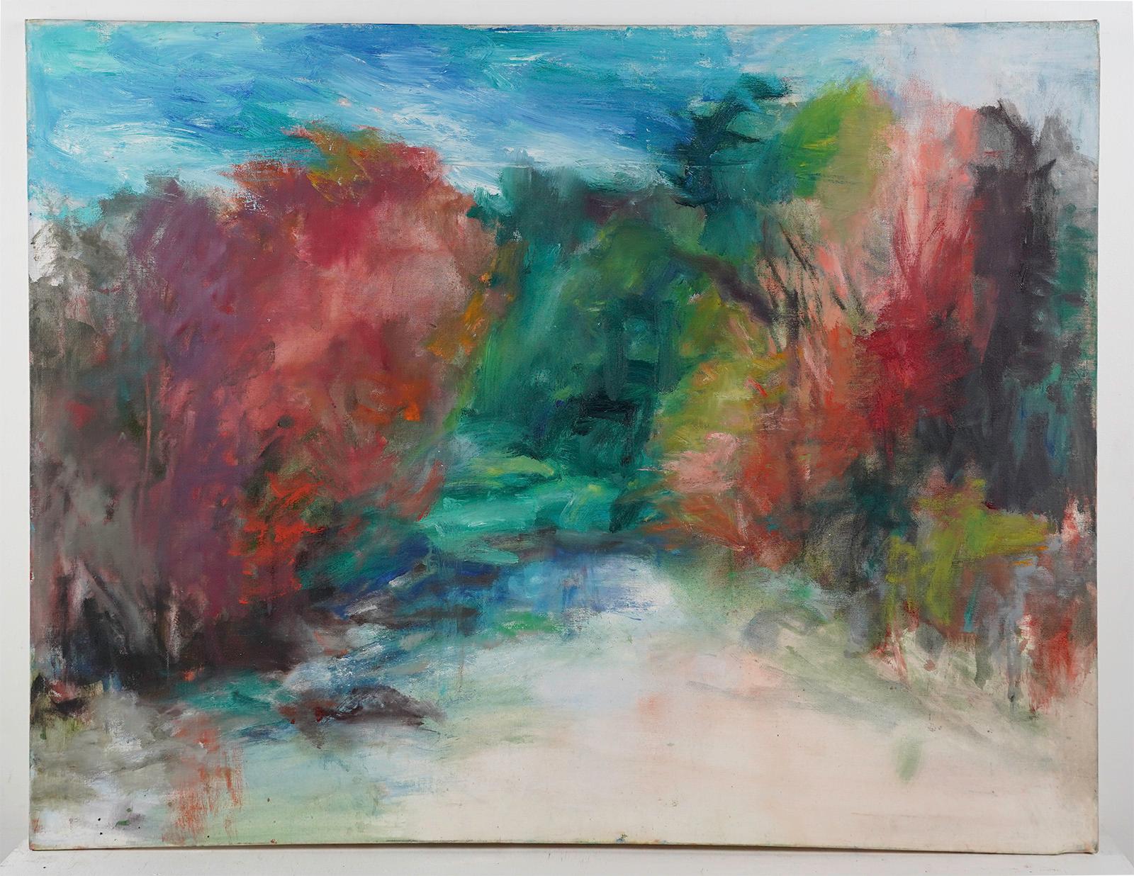 Antique American Abstract Expressionist Signed Large Landscape Oil Painting - Gray Landscape Painting by Unknown