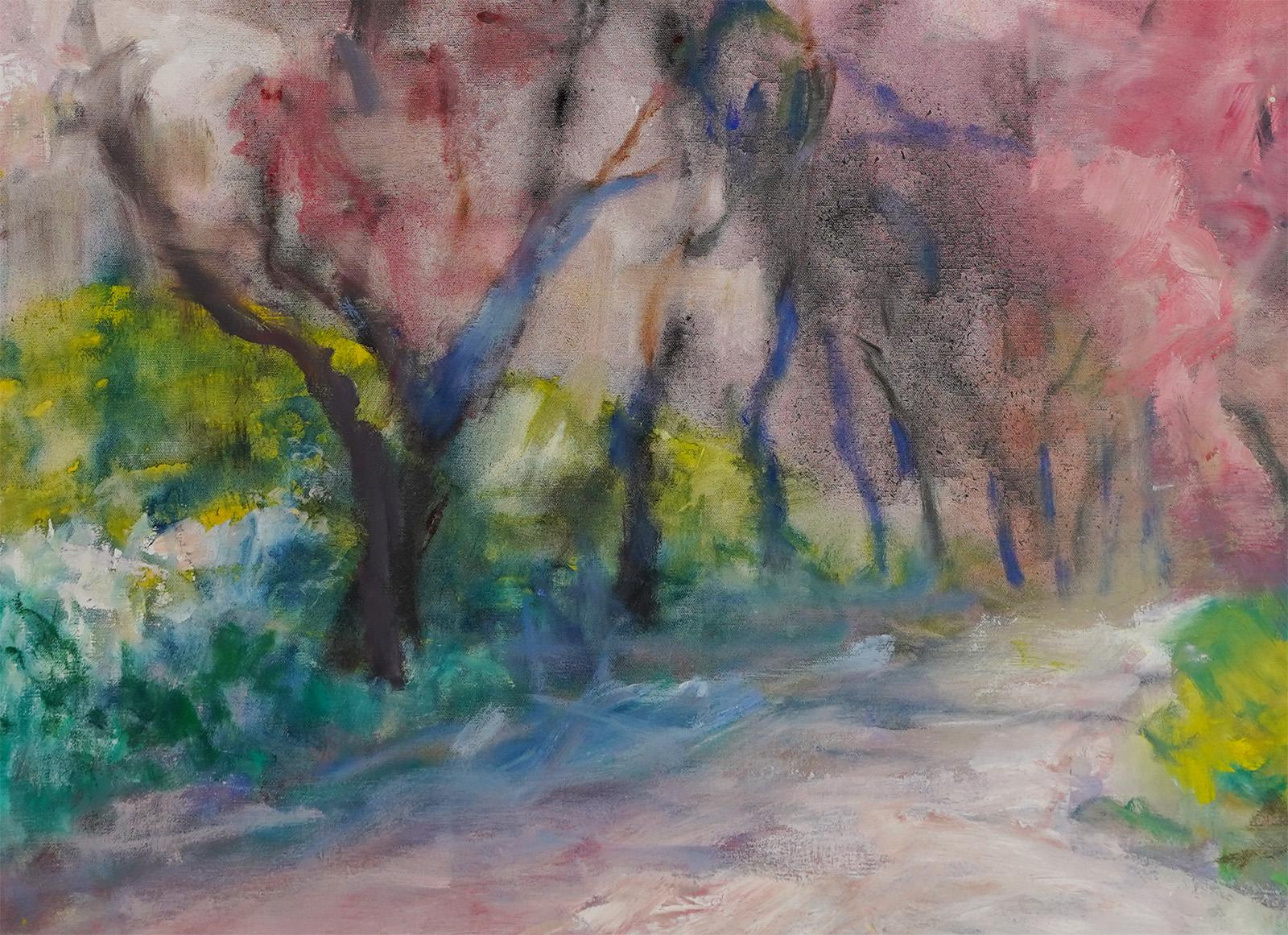 Antique American Abstract Expressionist Signed Large Landscape Oil Painting - Gray Landscape Painting by Unknown
