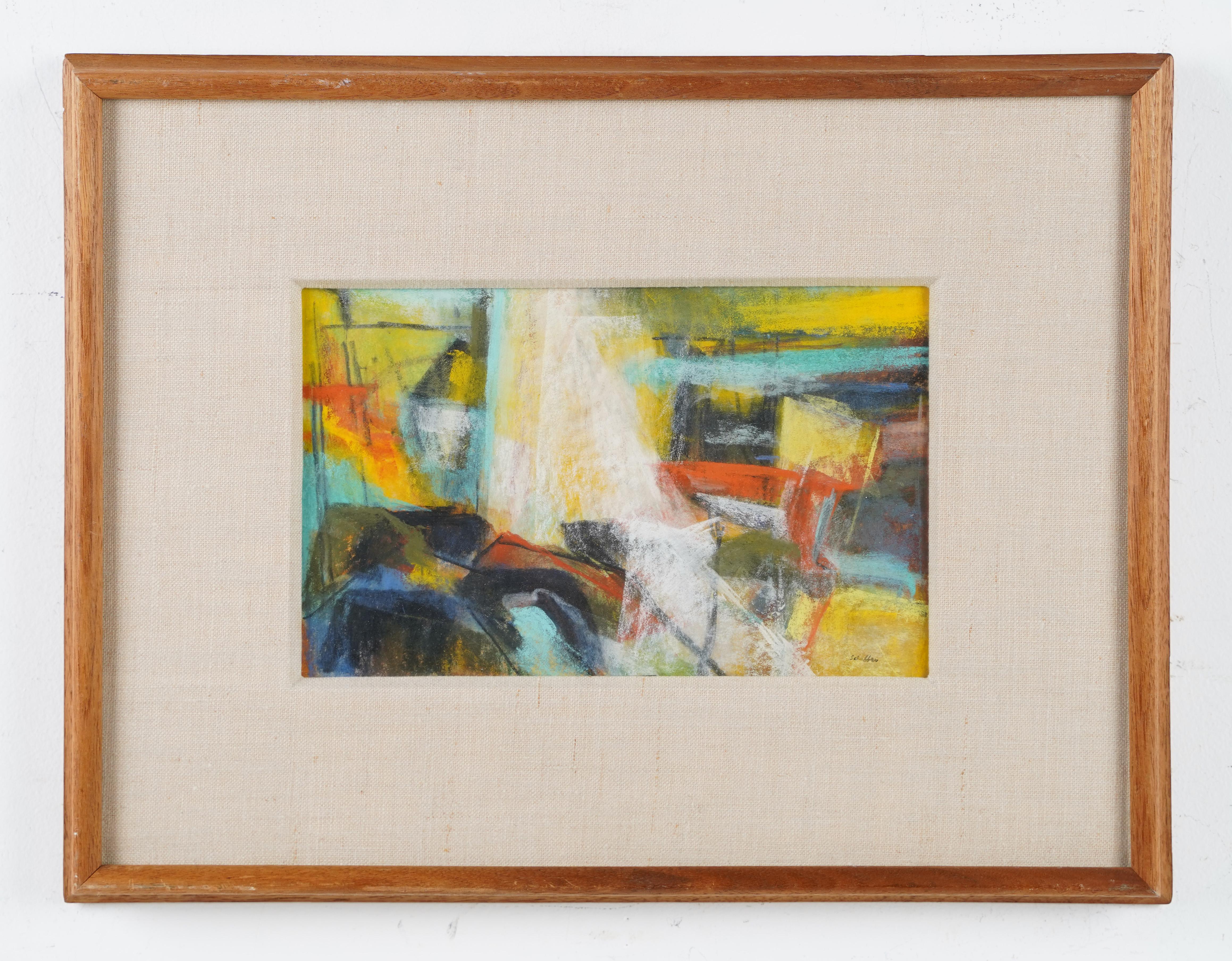 Antique American modernist abstract painting.  Watercolor, and pastel on paper.  Framed.  Signed.  Image size, 6.5H by 10L

