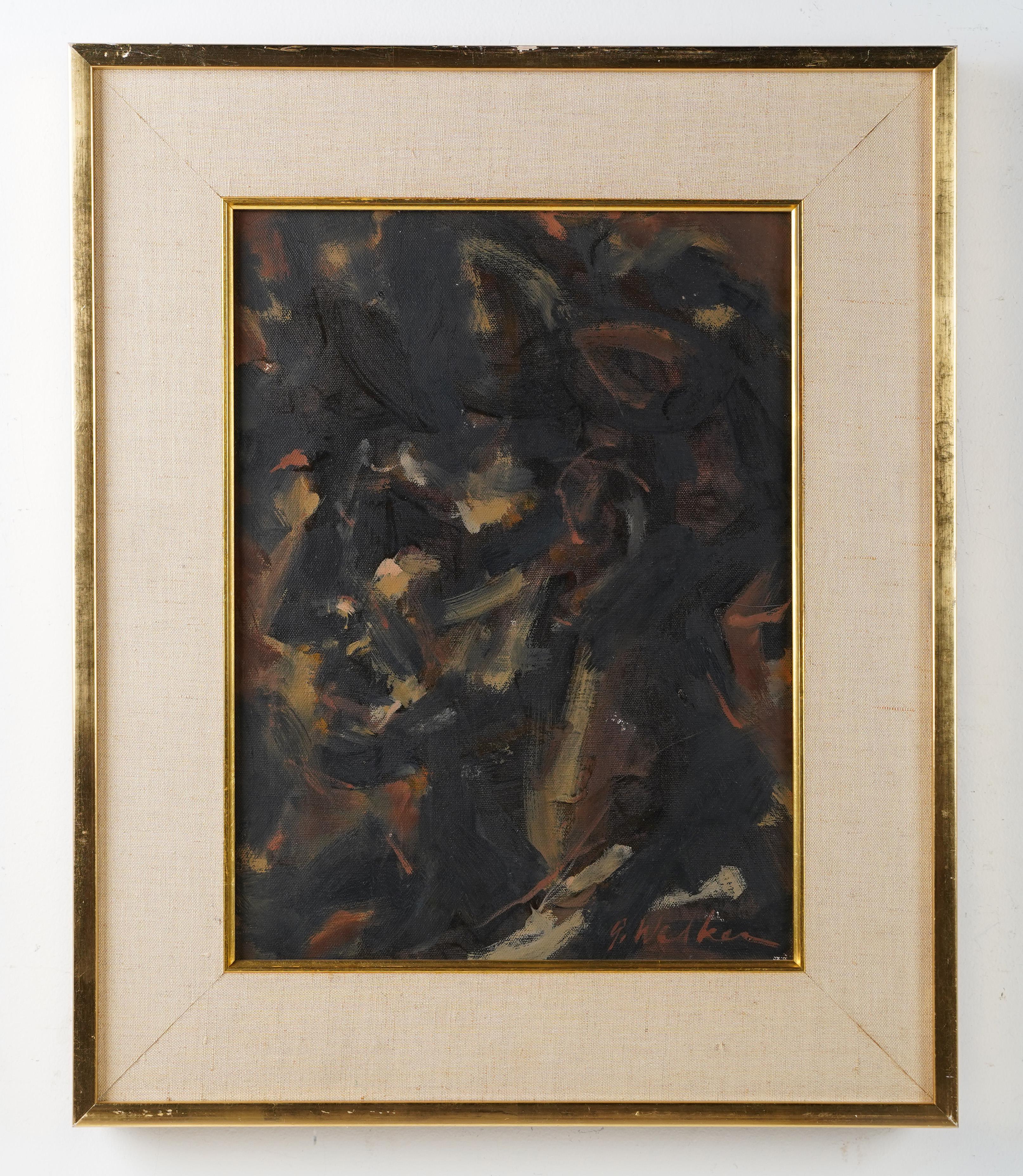 Vintage modernist abstract expressionist painting. Oil on canvas.  Housed in a period frame.  Image size, 12L x 16H.  Signed.

