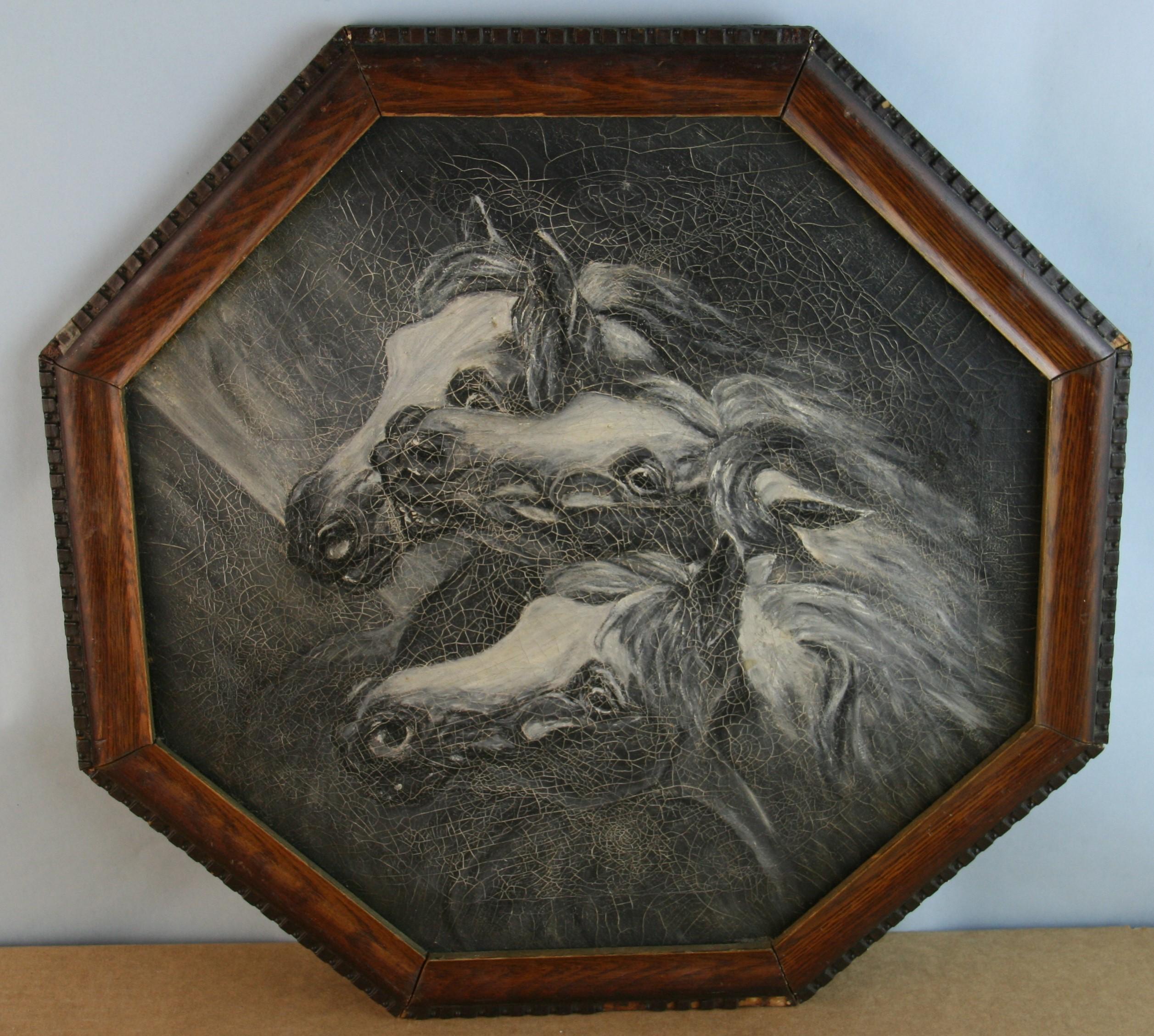 4031 Oil on canvas in a octagonal wood frame of 3 horses in black and white