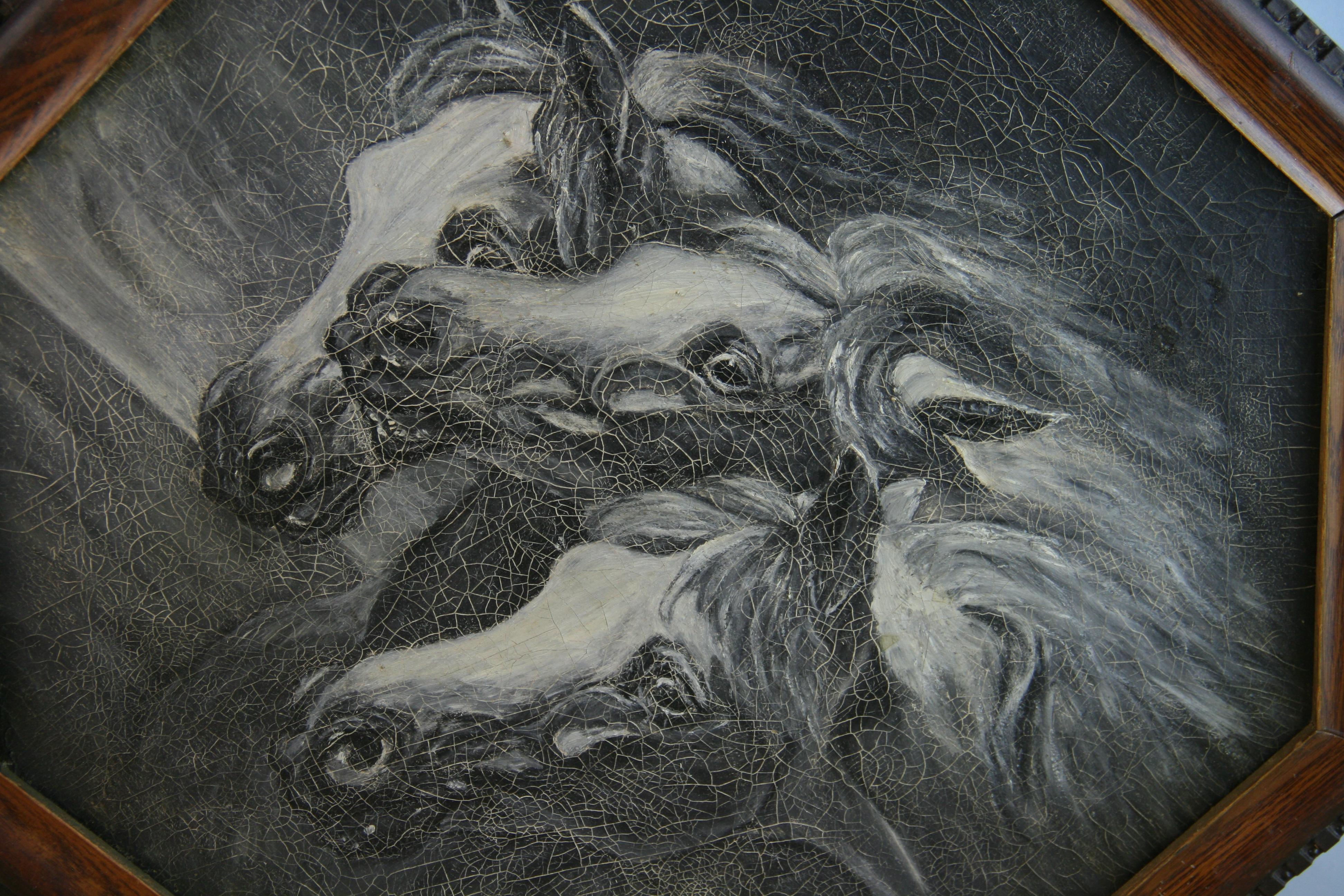 Animal Painting Unknown - Animal américain ancien  Peinture à l'huile de trois chevaux 1920