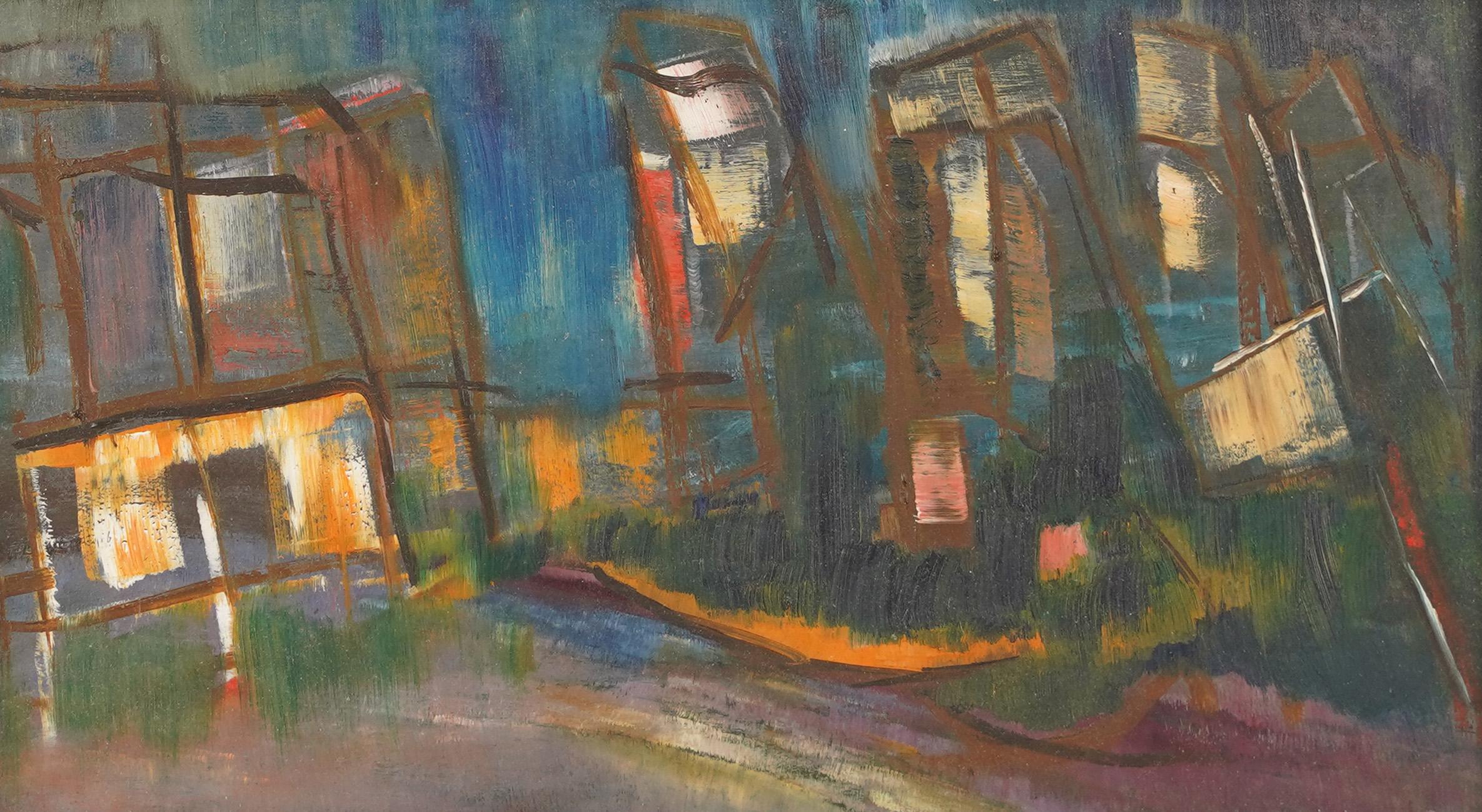 Antique American modernist abstract street scene oil painting.  Oil on board.  Framed.  Image size, 12L x 7H.