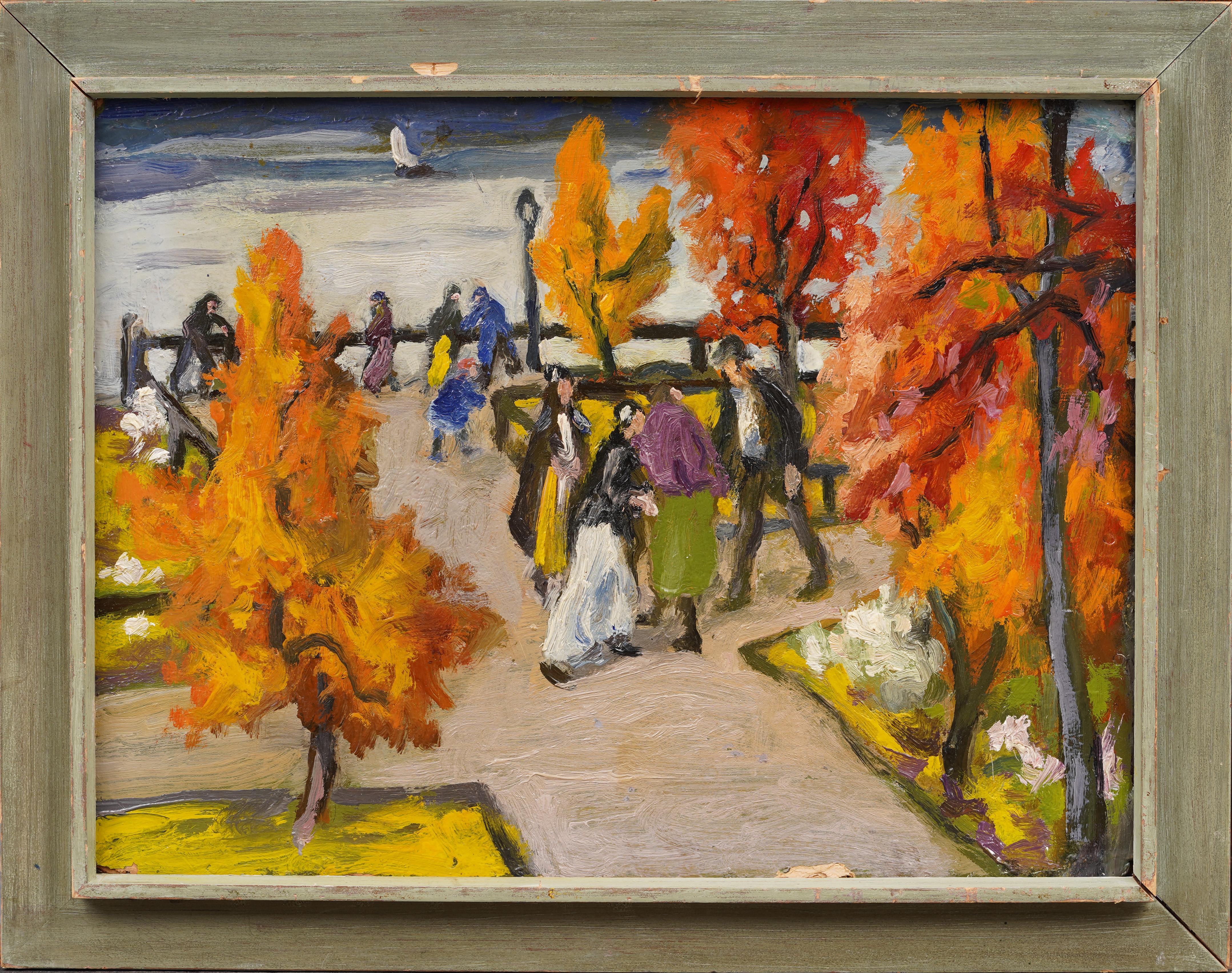 Antique American Ashcan School Brooklyn Heights Promenade Figural Oil Painting - Brown Landscape Painting by Unknown