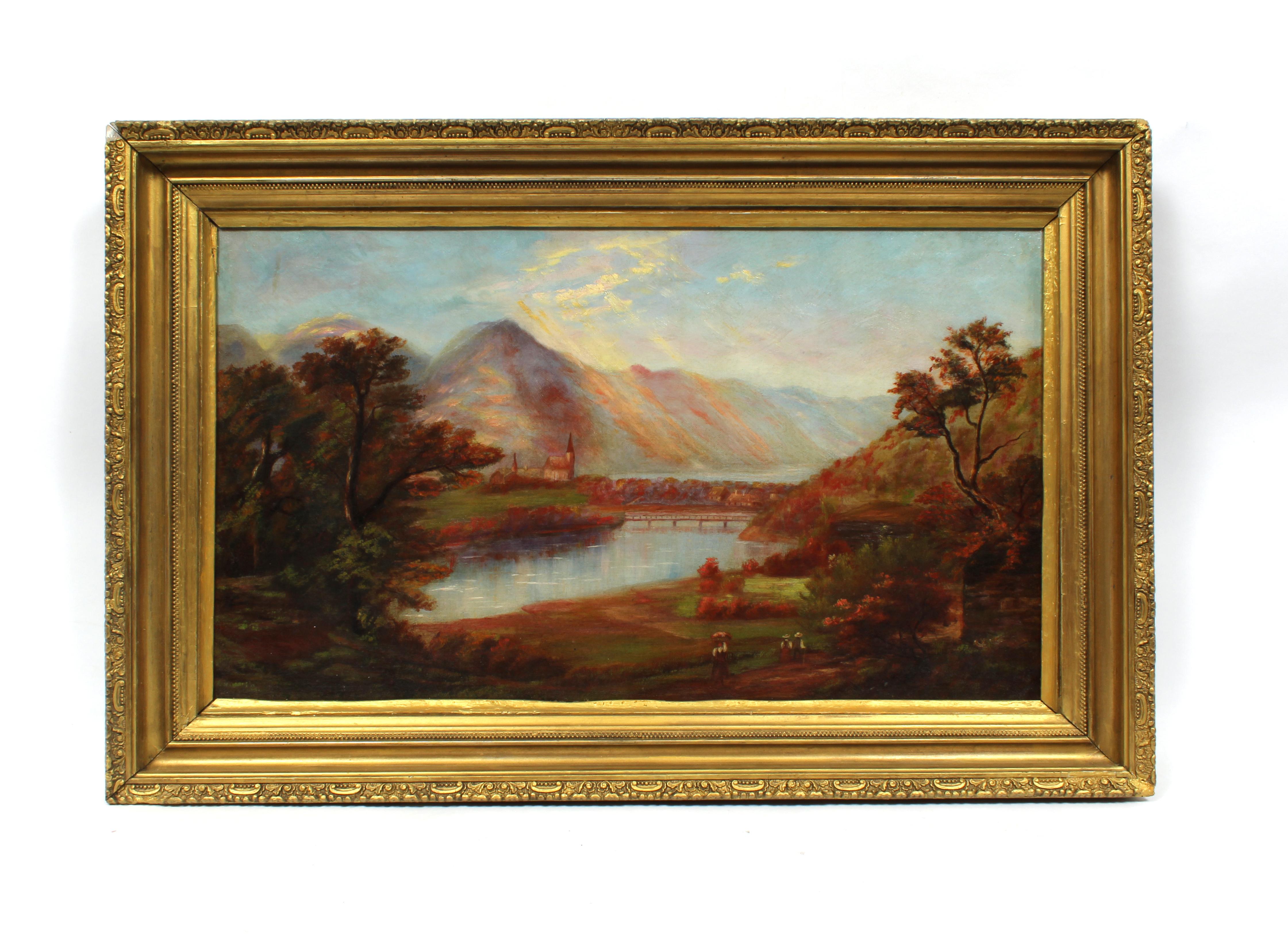 Antique American autumn mountain lake with village oil painting. Framed. Oil on canvas.