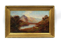 Antique American Autumn Mountain Lake with Village Oil Painting