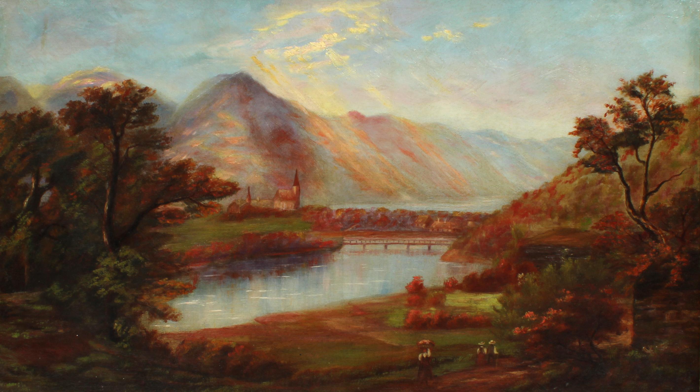 Antique American Autumn Mountain Lake with Village Oil Painting For Sale 1