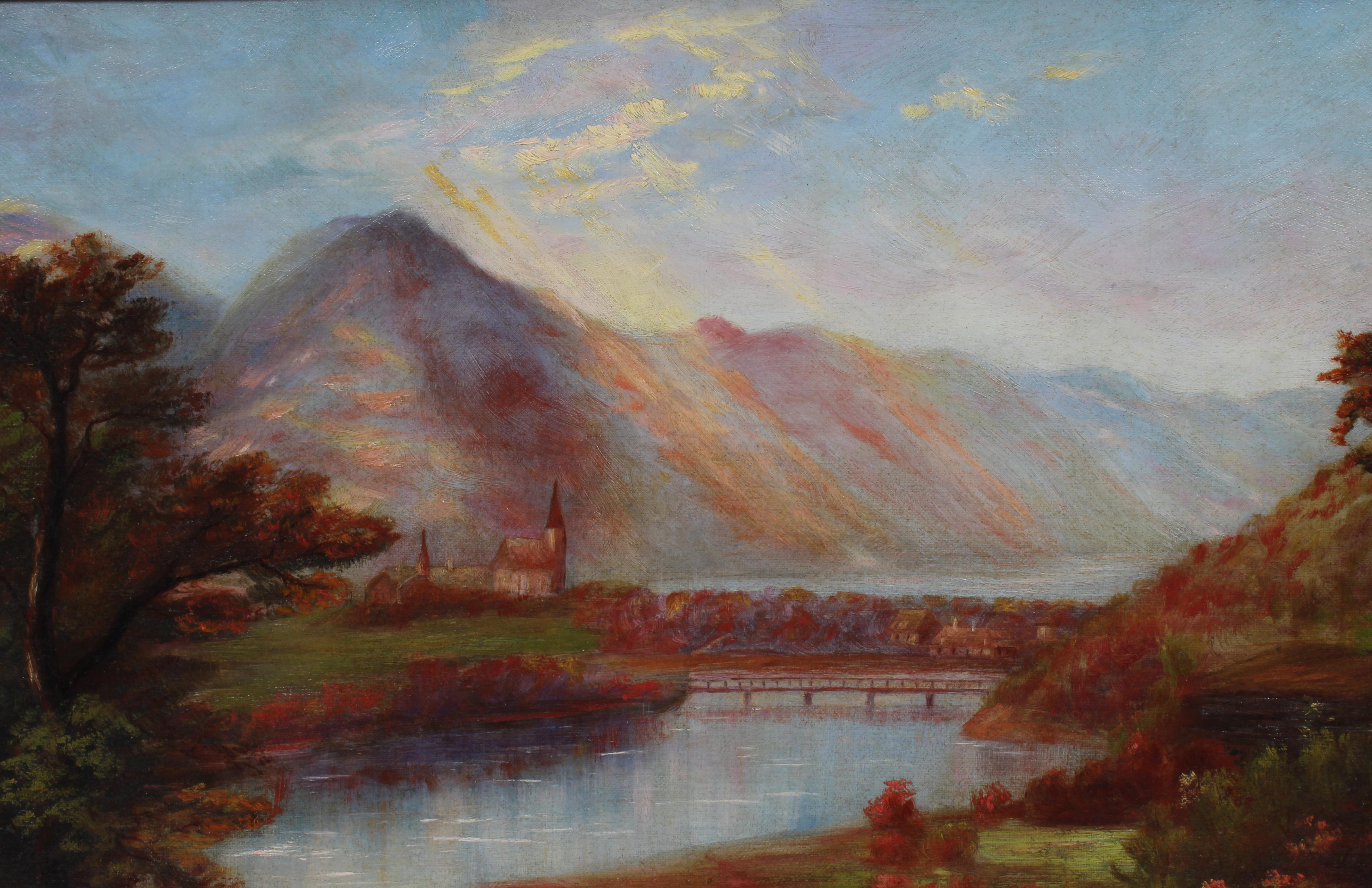 Antique American Autumn Mountain Lake with Village Oil Painting For Sale 2