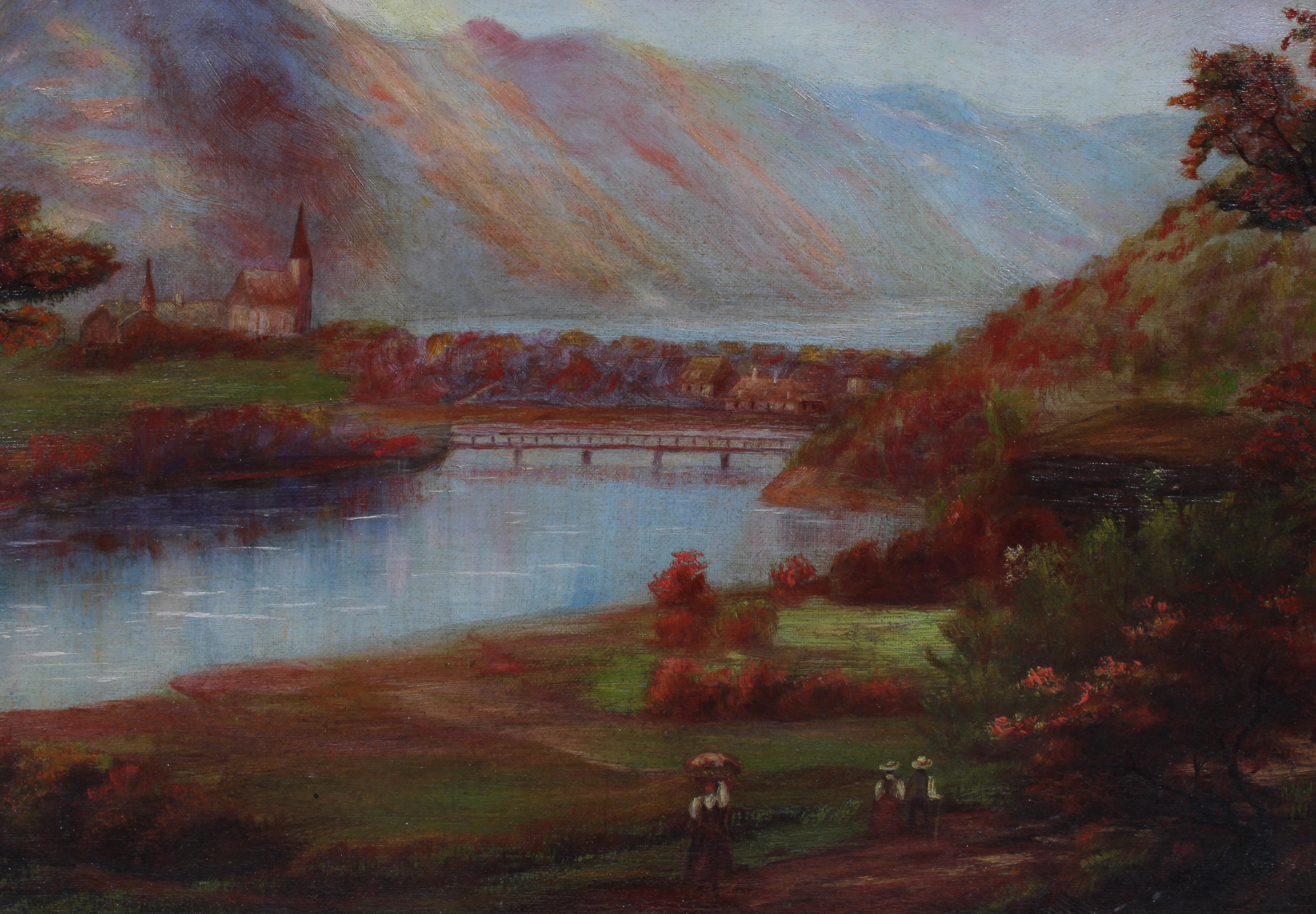 Antique American Autumn Mountain Lake with Village Oil Painting For Sale 3