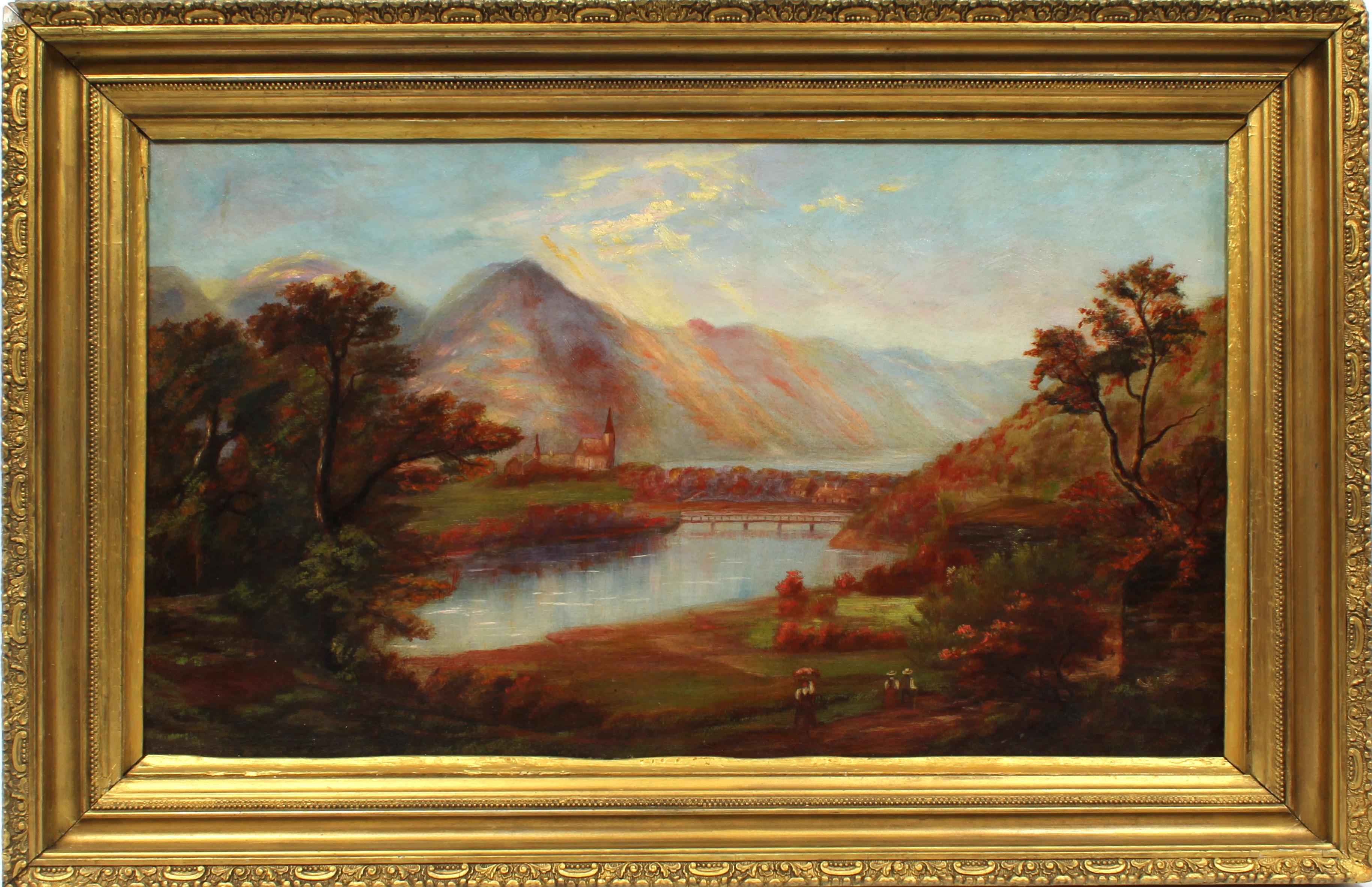 Antico quadro ad olio americano d'autunno con lago di montagna e villaggio