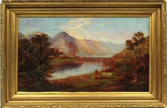 Antique American Autumn Mountain Lake with Village Oil Painting