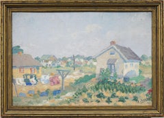 Antique American Bucolic Framed Landscape Clothes Hanging Summer Oil Painting