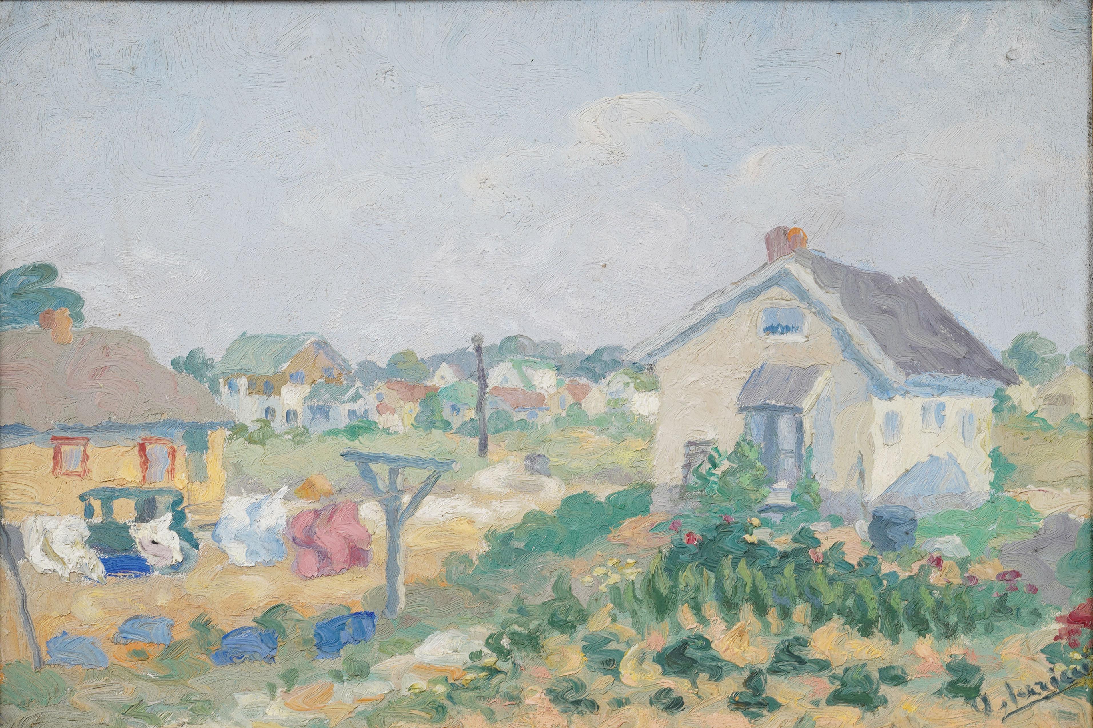 Antike amerikanische Bucolic gerahmt Landschaft Kleider hängen Sommer Ölgemälde (Impressionismus), Painting, von Unknown