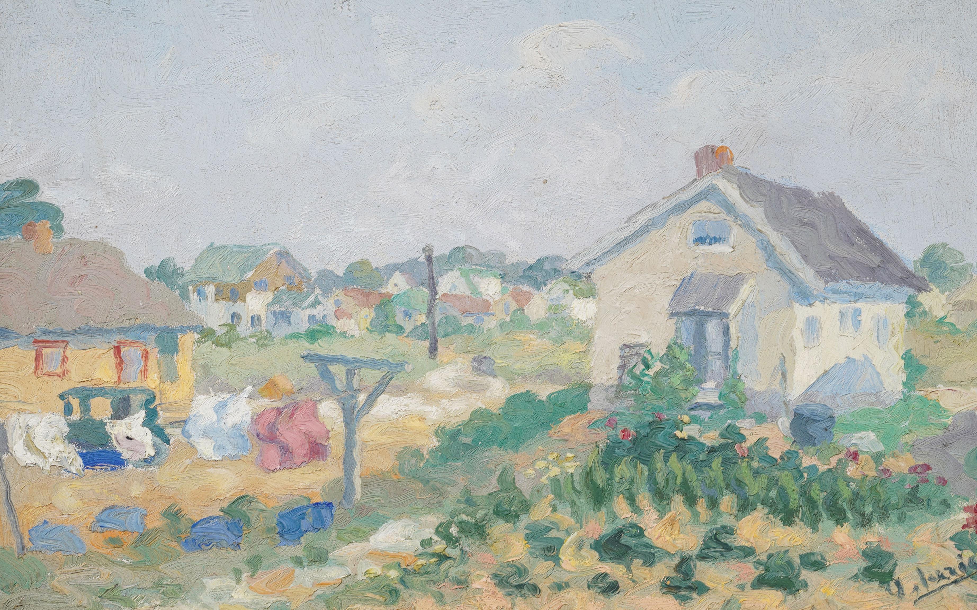 Antike amerikanische Bucolic gerahmt Landschaft Kleider hängen Sommer Ölgemälde (Grau), Landscape Painting, von Unknown