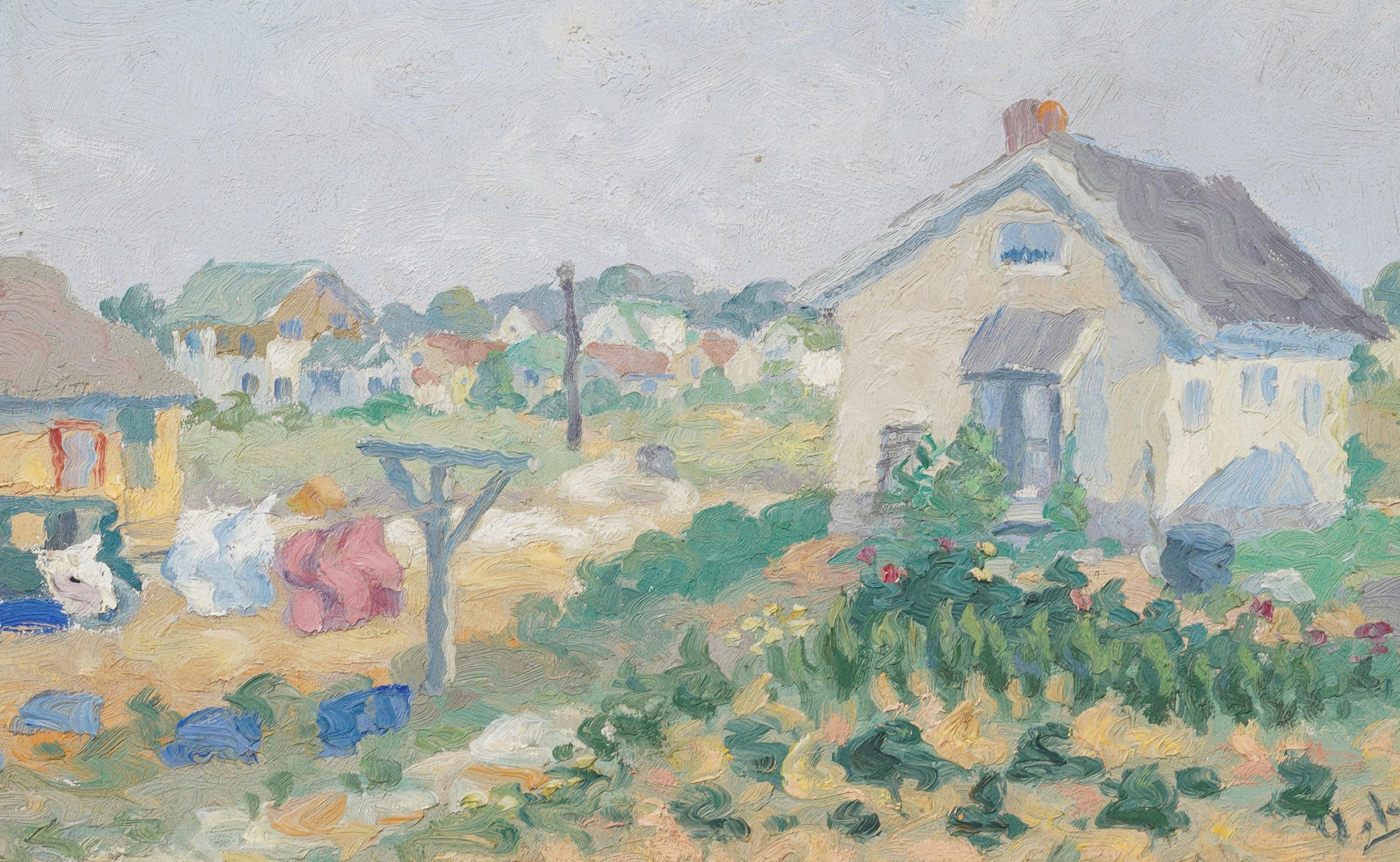 Antike amerikanische Bucolic gerahmt Landschaft Kleider hängen Sommer Ölgemälde im Angebot 1