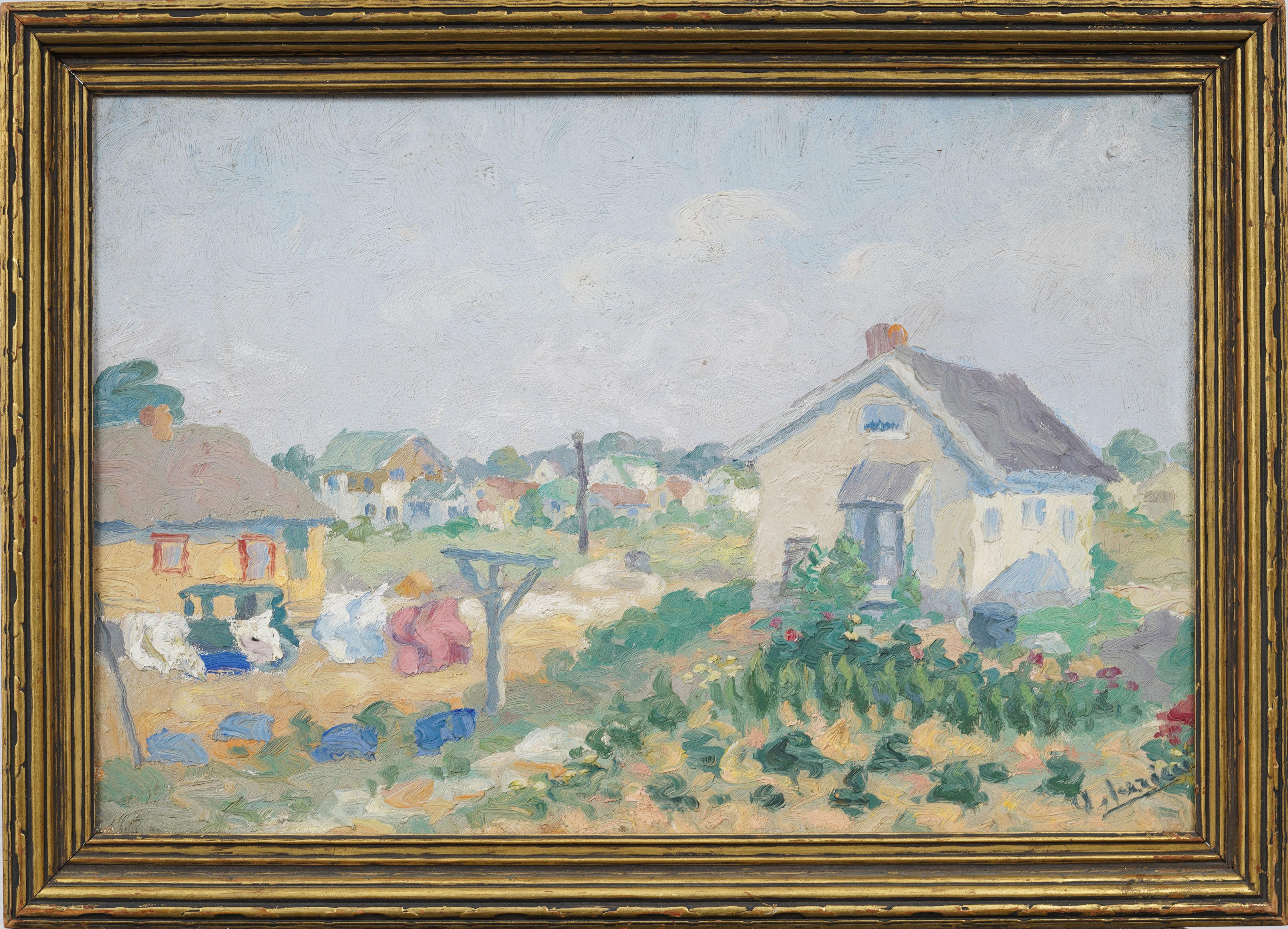 Antike amerikanische Bucolic gerahmt Landschaft Kleider hängen Sommer Ölgemälde