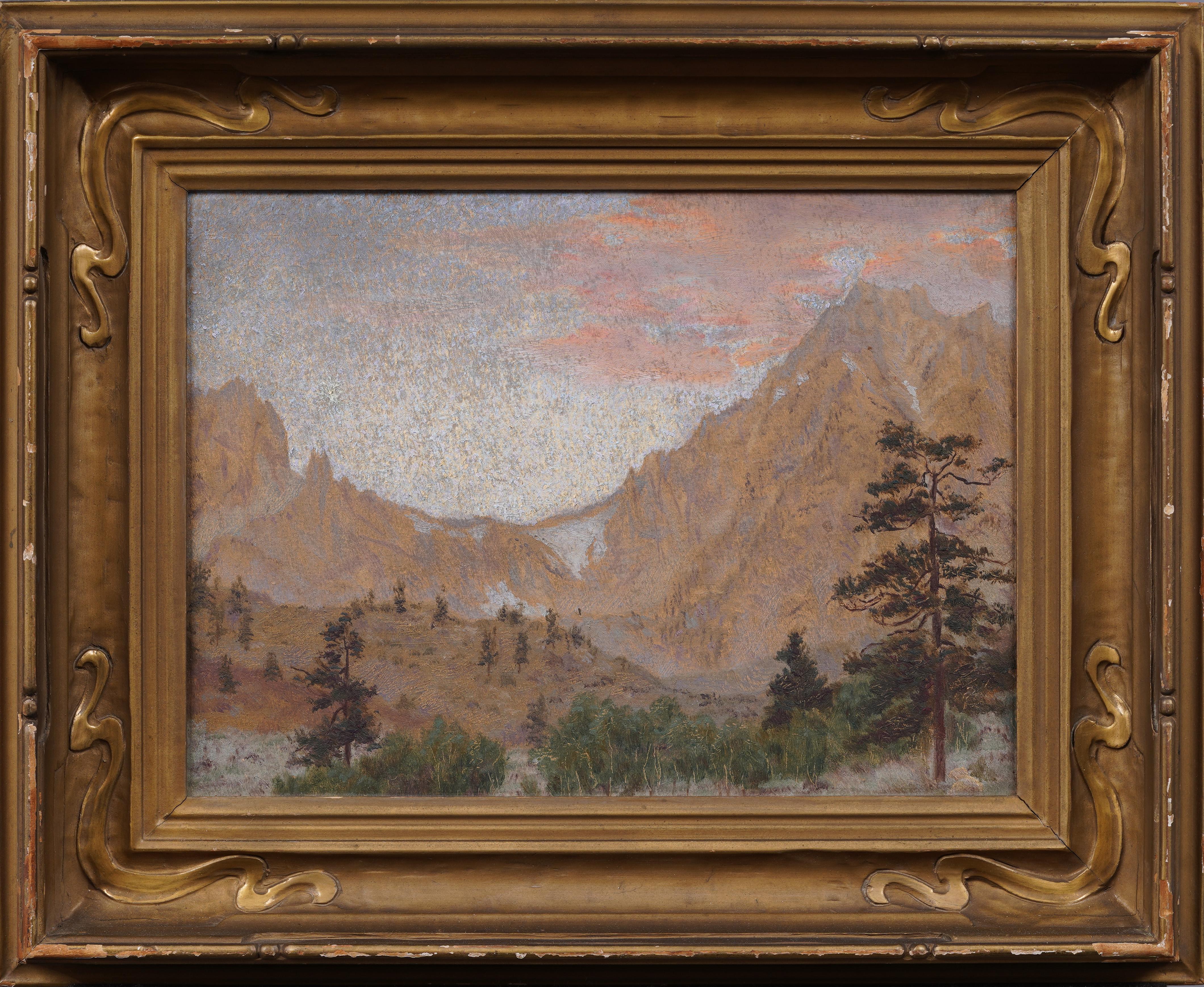 Antike amerikanische kalifornische Sonnenuntergang-Landschaft Impressionistisches frühes Ölgemälde – Painting von Unknown