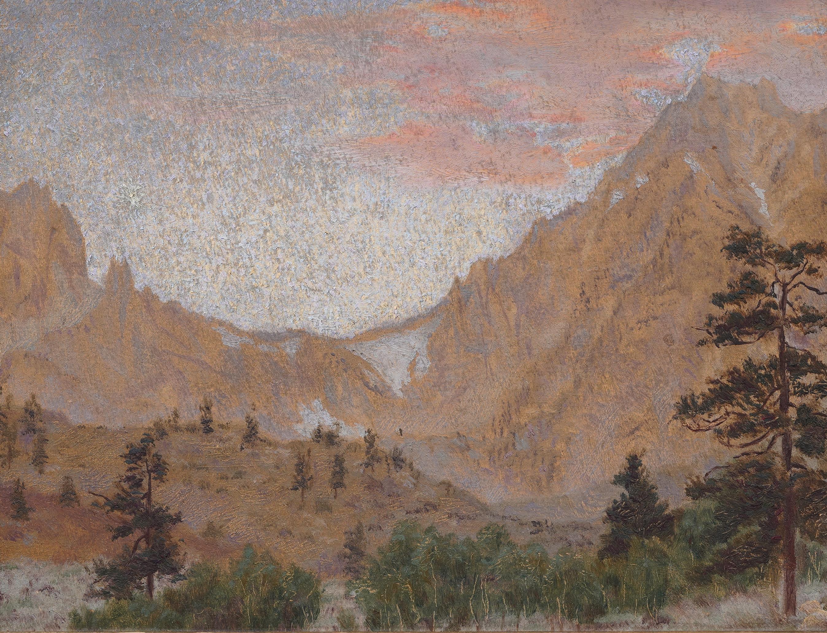 Antike amerikanische kalifornische Sonnenuntergang-Landschaft Impressionistisches frühes Ölgemälde (Braun), Landscape Painting, von Unknown