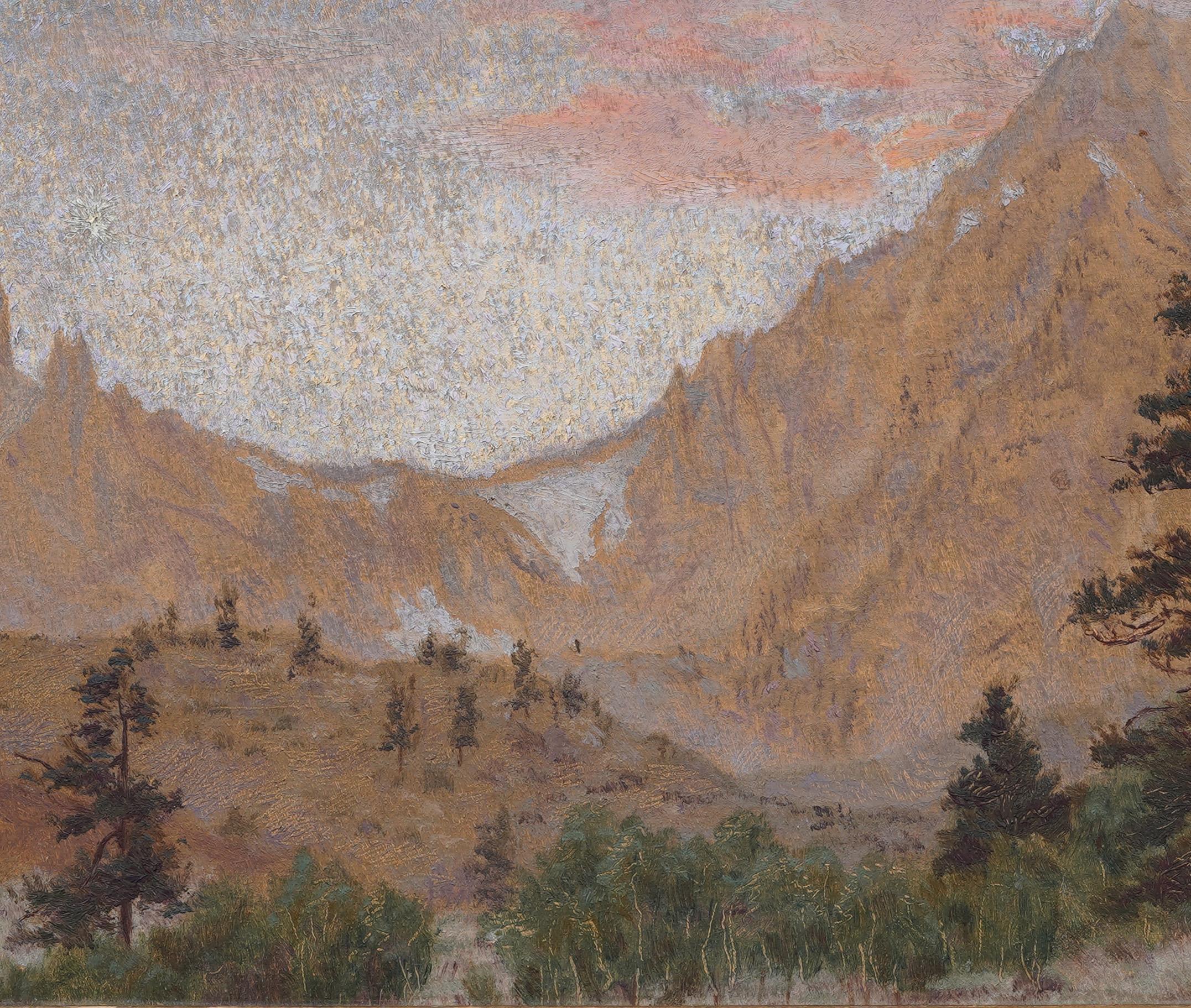 Antike amerikanische kalifornische Sonnenuntergang-Landschaft Impressionistisches frühes Ölgemälde im Angebot 1