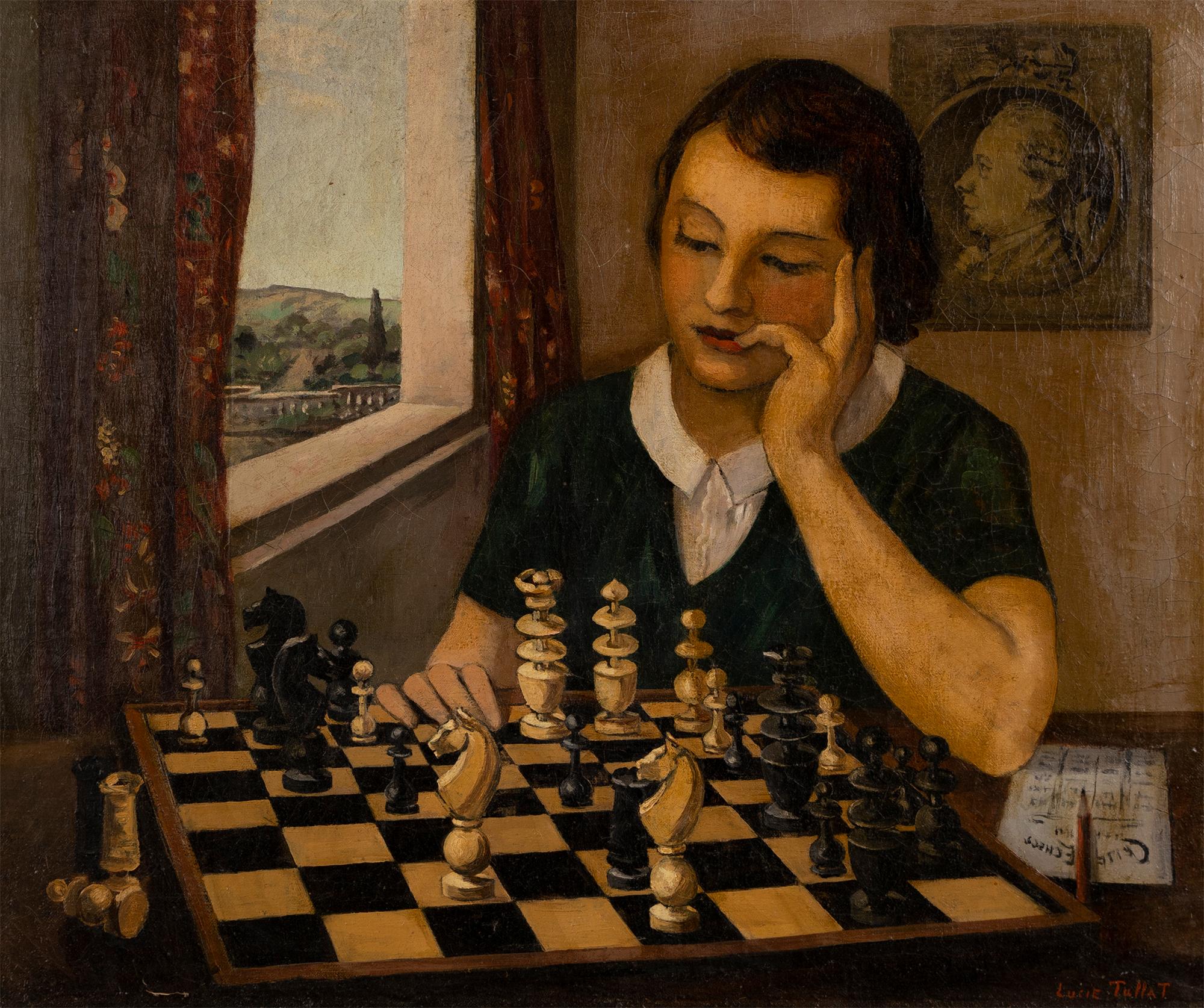 Antique American Chess Master Interior Portrait Signed 19th Century Oil Painting - Brown Figurative Painting by Unknown