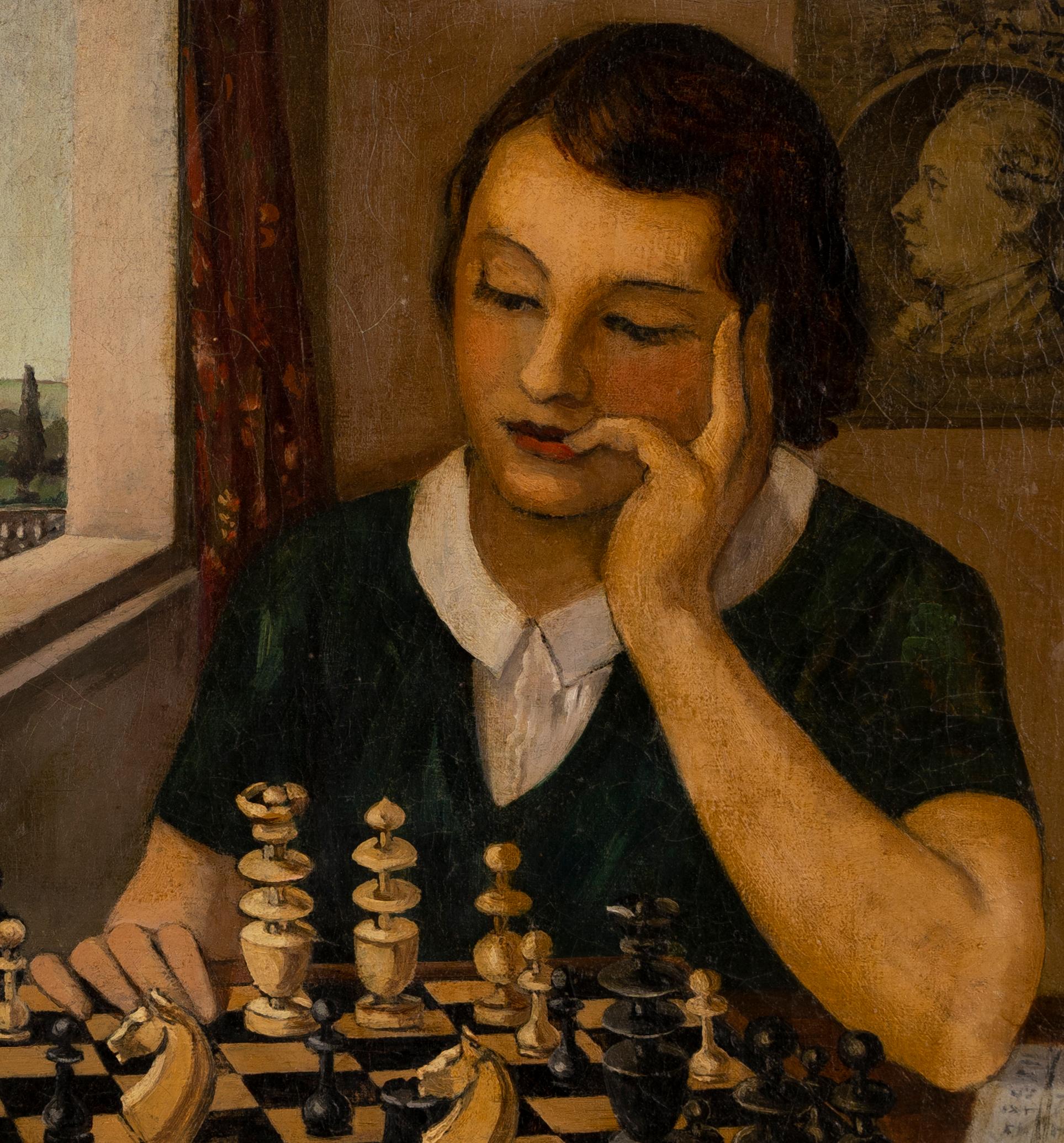 Antique original oil painting of a young woman playing chess.  Oil on canvas, circa 1900.  Signed lower right.  Image size, 26L x 24H.  Housed in a modern frame.
