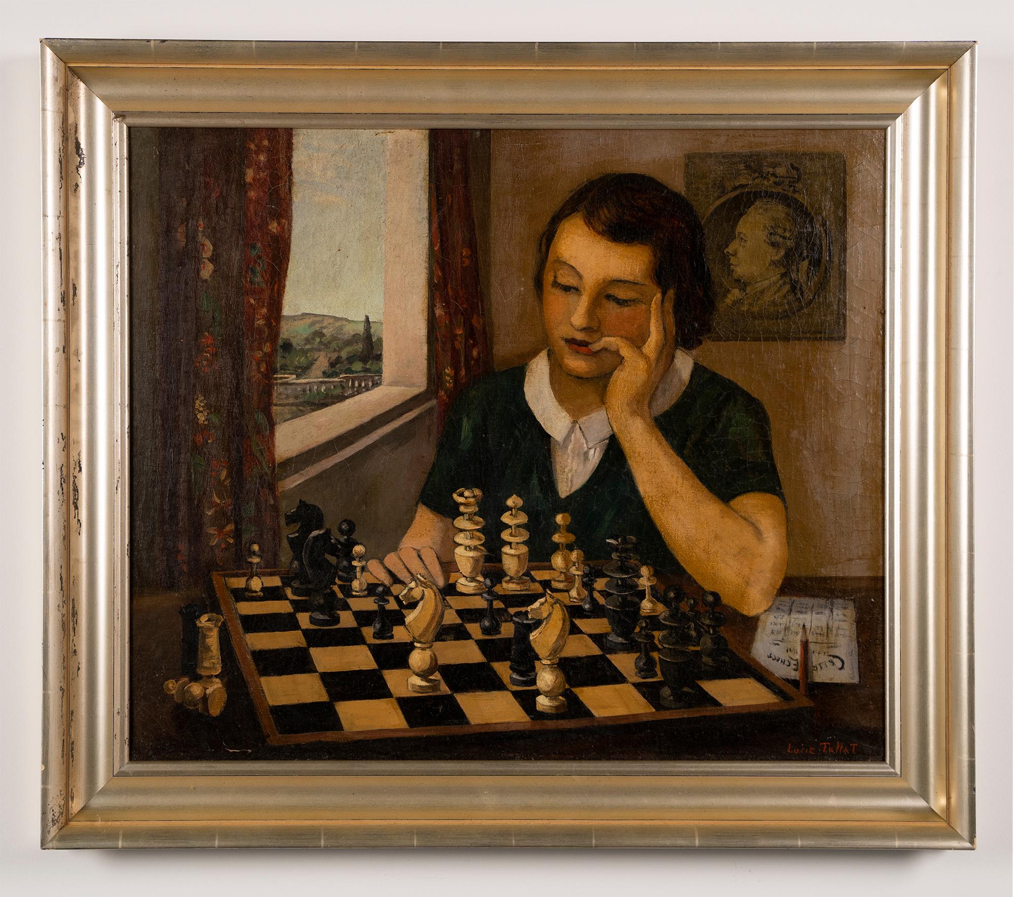 Unknown Figurative Painting - Antique American Chess Master Interior Portrait Signed 19th Century Oil Painting