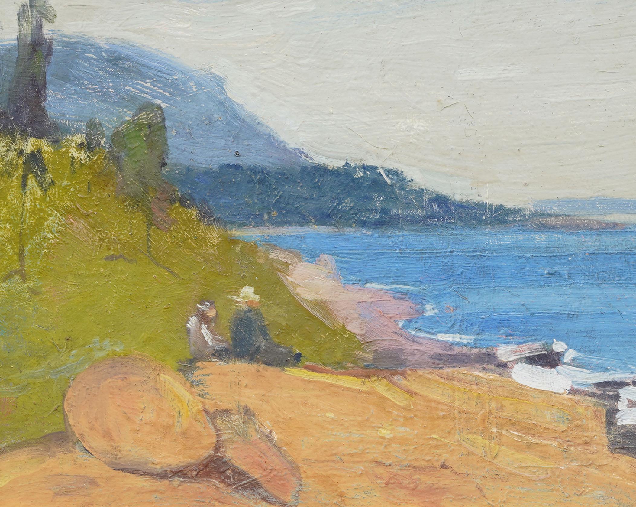 Antique American Coastal Modernist Seascape Framed Figural River Oil Painting For Sale 1