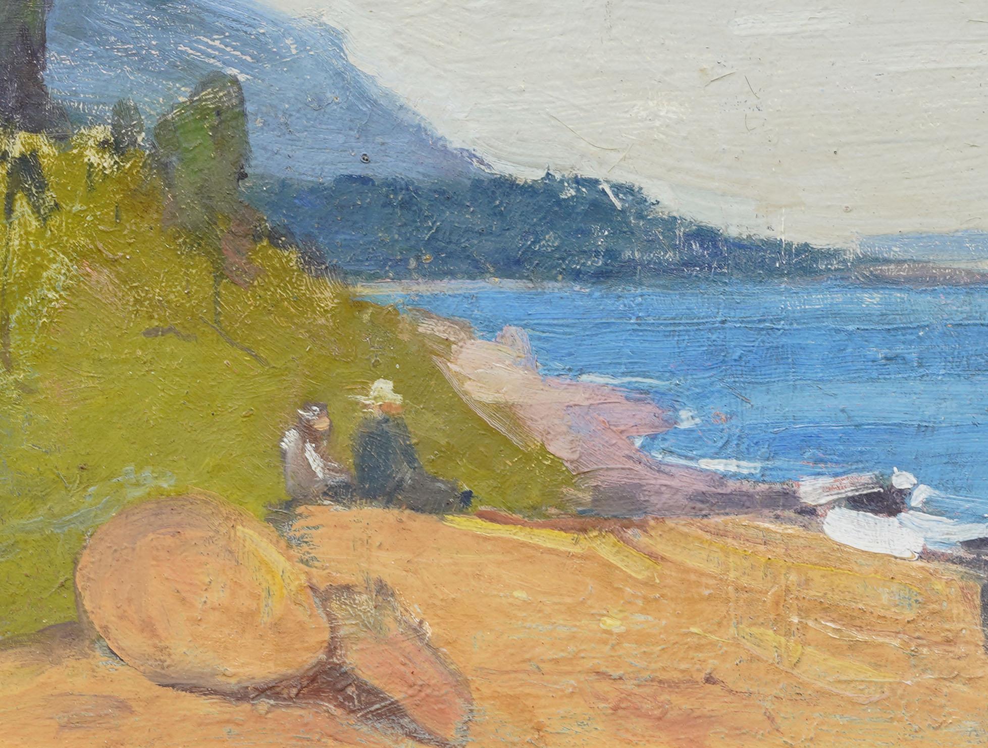 Antique American Coastal Modernist Seascape Framed Figural River Oil Painting For Sale 2