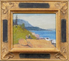 Antique American Coastal Modernist Seascape Framed Figural River Oil Painting