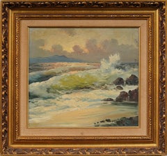 Antique American Crashing Waves and Rocks Seascape Original Oil Painting