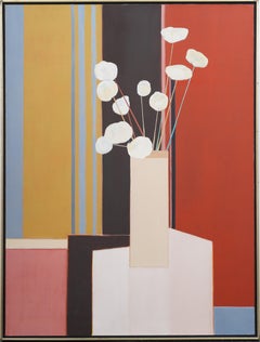 Antico dipinto cubista americano astratto di fiori, natura morta, grande dipinto ad olio originale