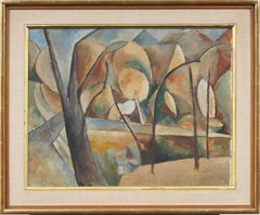 Antico paesaggio cubista americano con alberi e colline, dipinto a olio firmato