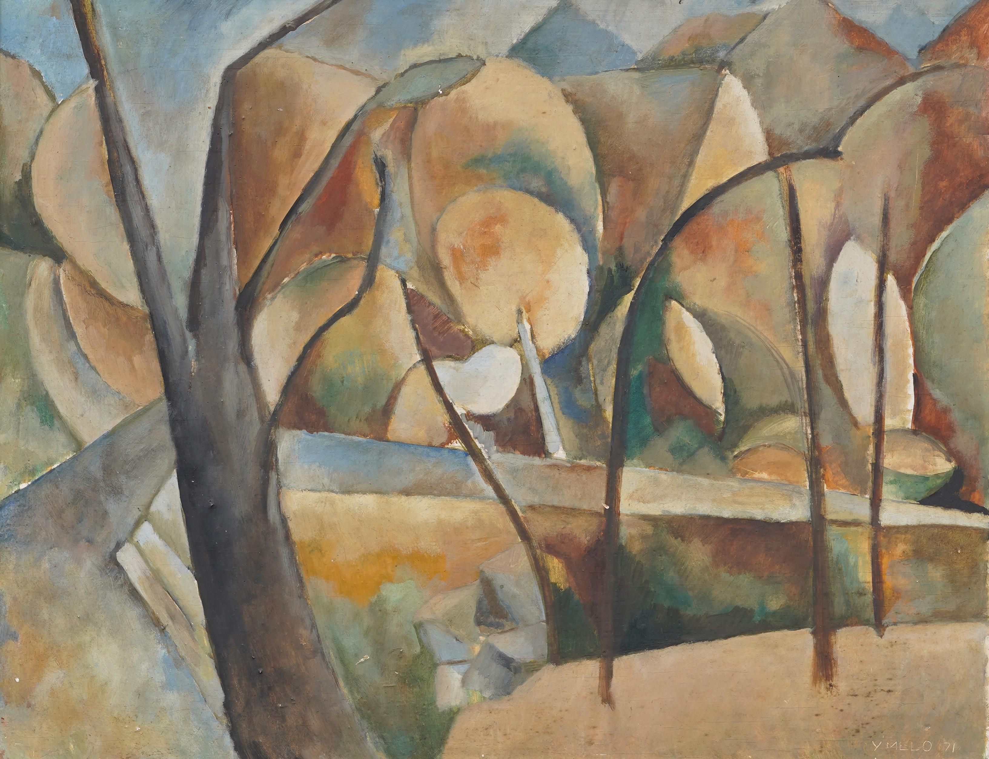 Antiguo paisaje cubista americano con árboles y colinas, pintura al óleo firmada - Painting Cubista de Unknown