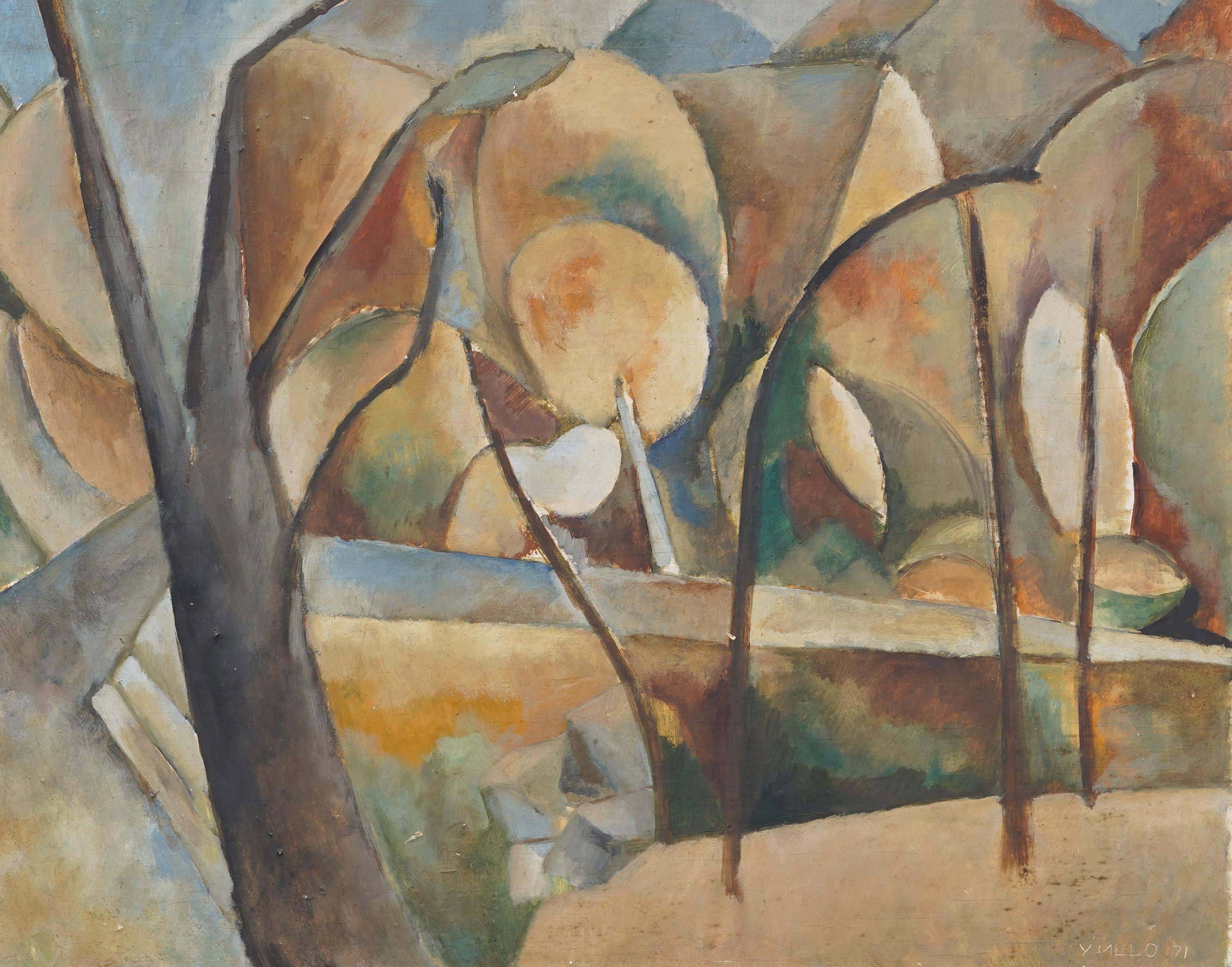 Antiguo paisaje cubista americano con árboles y colinas, pintura al óleo firmada - Landscape Painting Marrón de Unknown